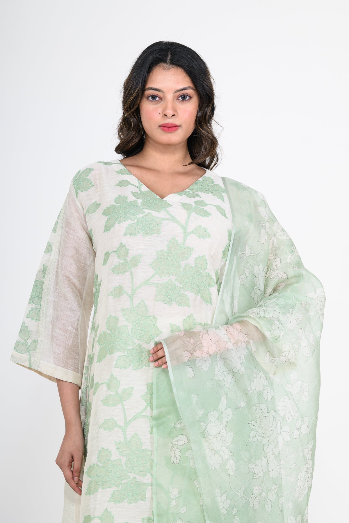 Green Printed Pure Mulmul Kurta Set with Appliques