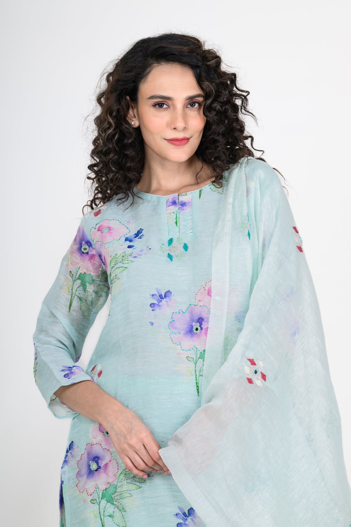 Sky Blue Pure Linen Kurta Set with Katha & Mirror Highlight