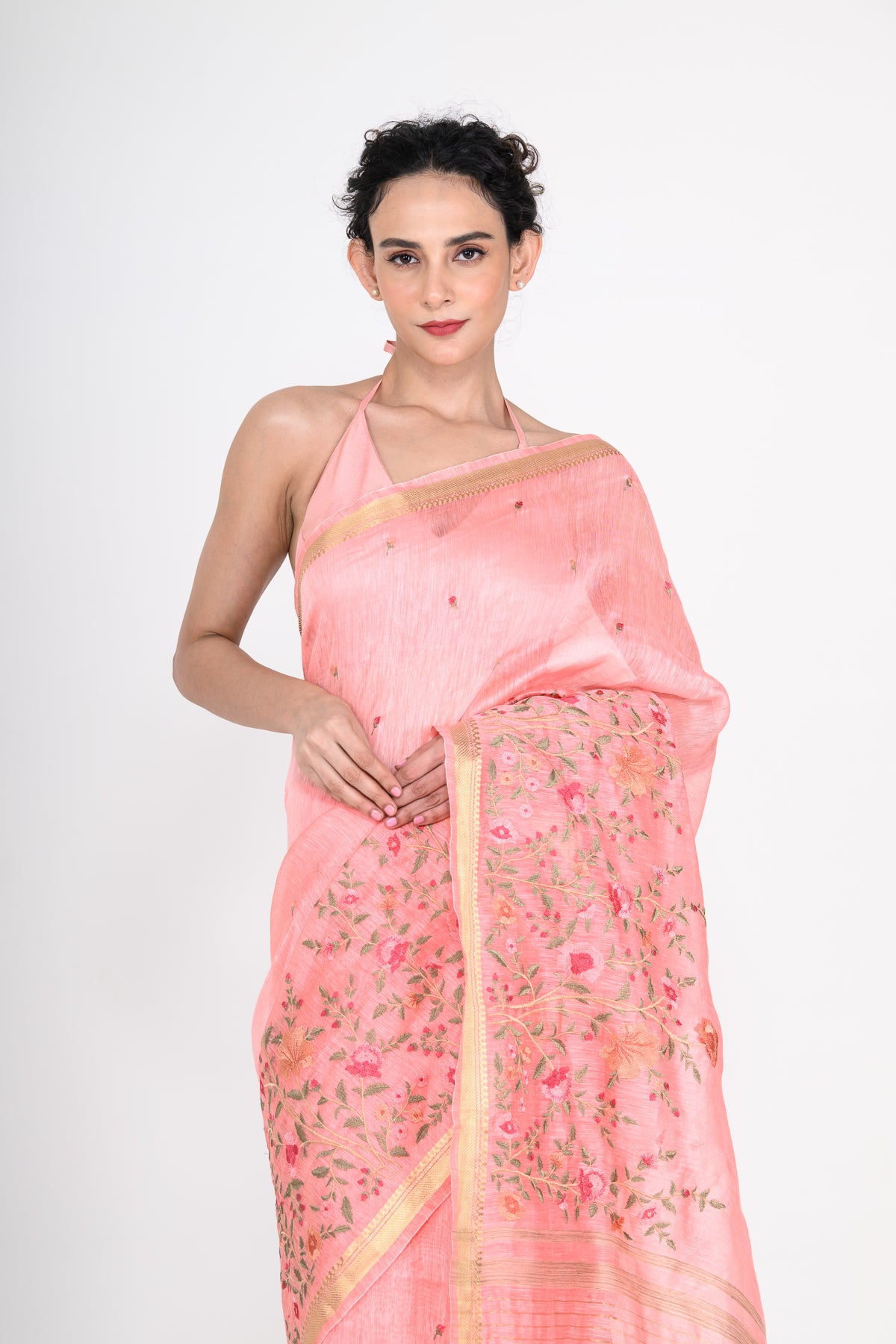 Parsi Embroidered Pink Pure Linen Saree