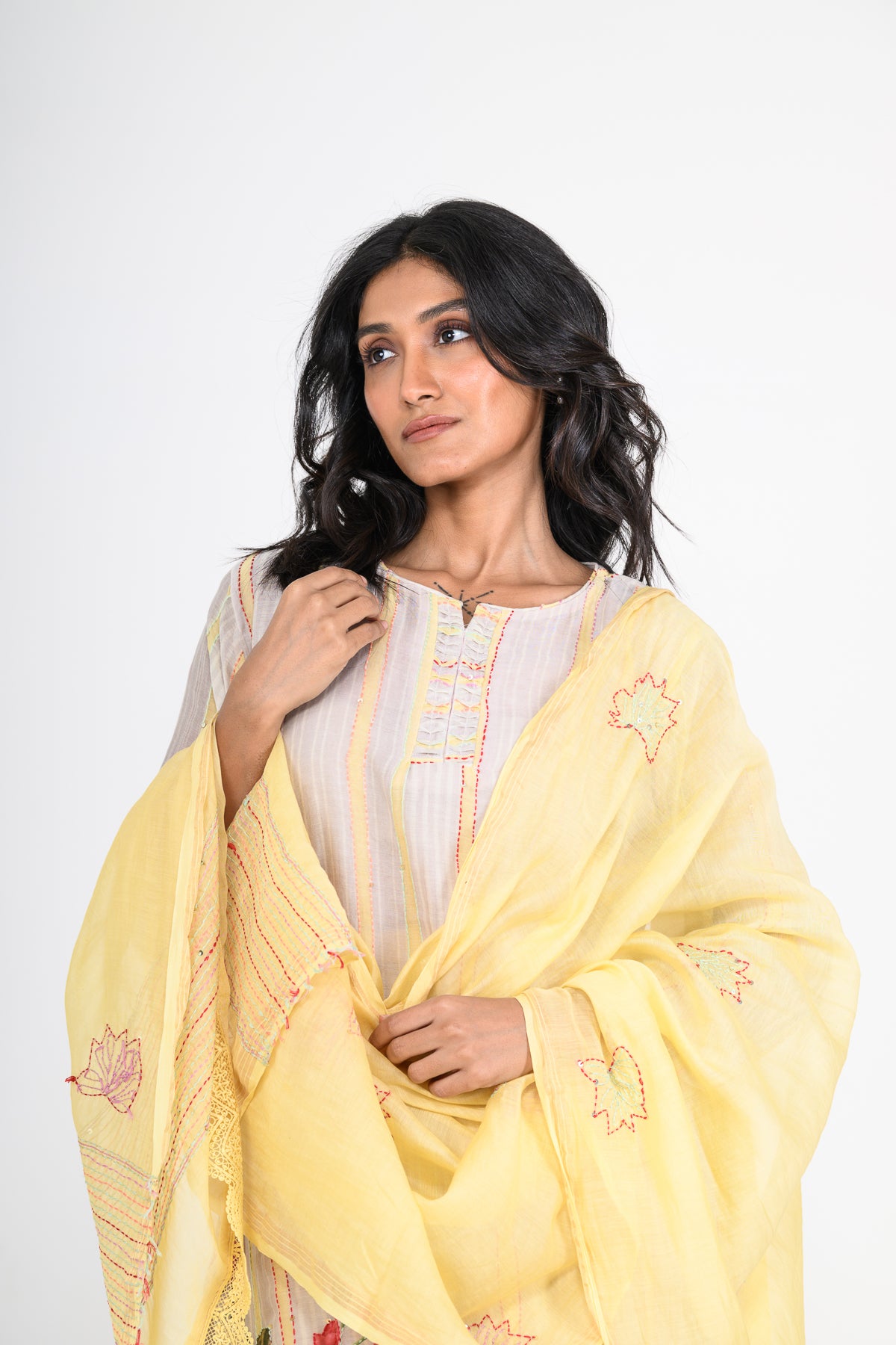Yellow Printed Pure Mulmul Kurta Set & Dupatta with Katha Embroidery