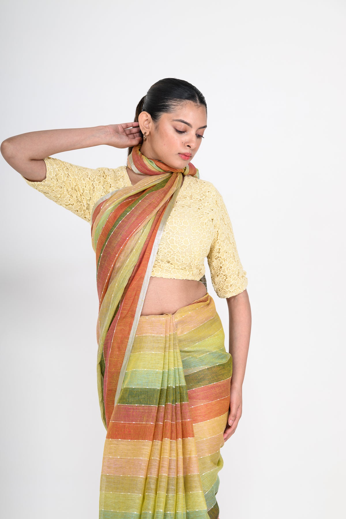 Multicolored Handwoven Striped Pure Linen Saree