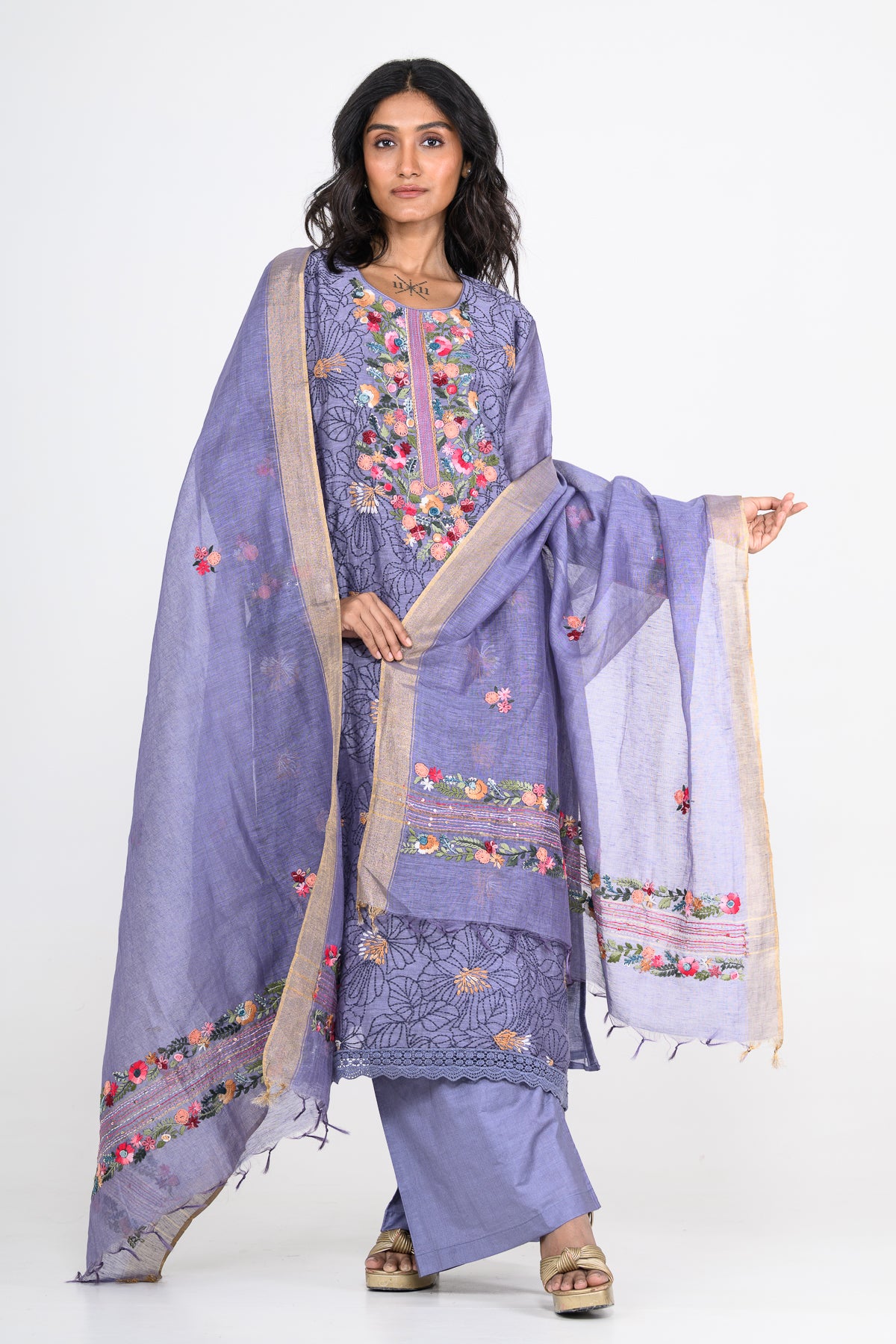 Resham Embroidered Deep Blue Pure Linen Kurta Set & Dupatta