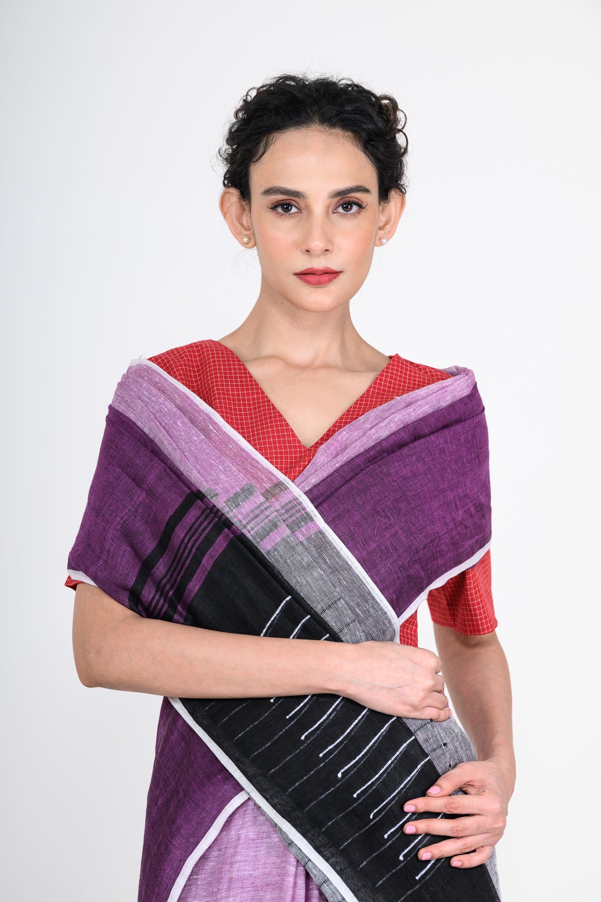 Purple Handwoven Striped Pure Linen Saree