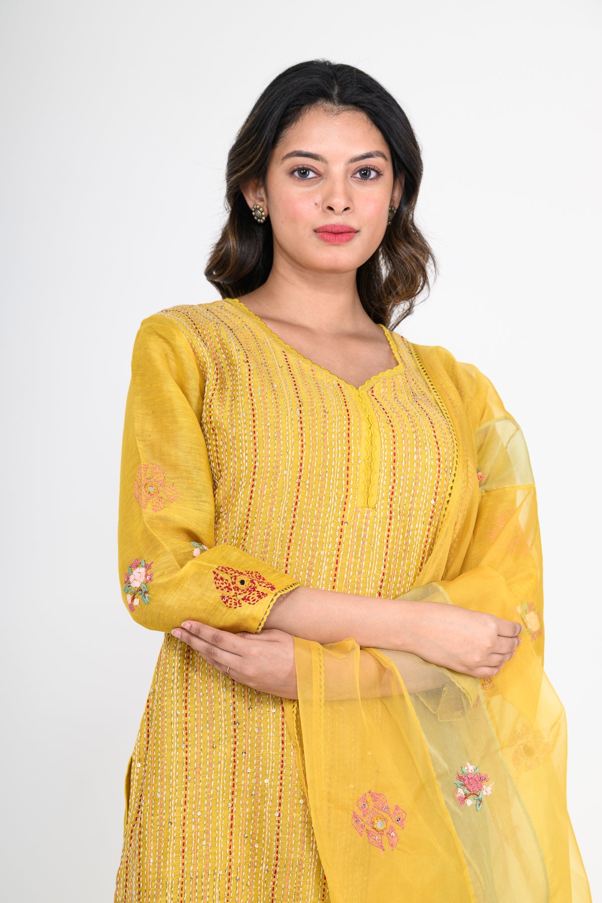 Pure Linen Mustard Yellow Kurta Set & Dupatta with Katha Work