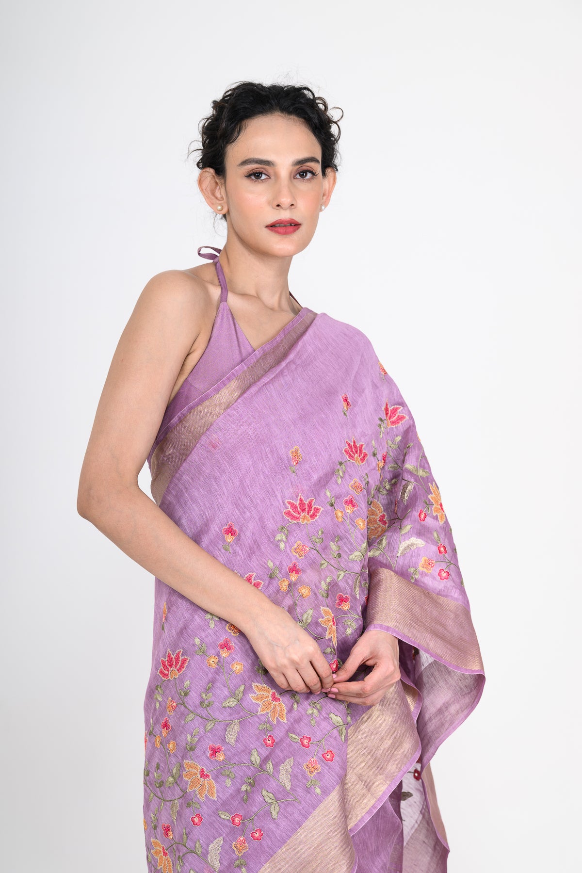 Parsi Embroidered Purple-Gold Pure Linen Saree