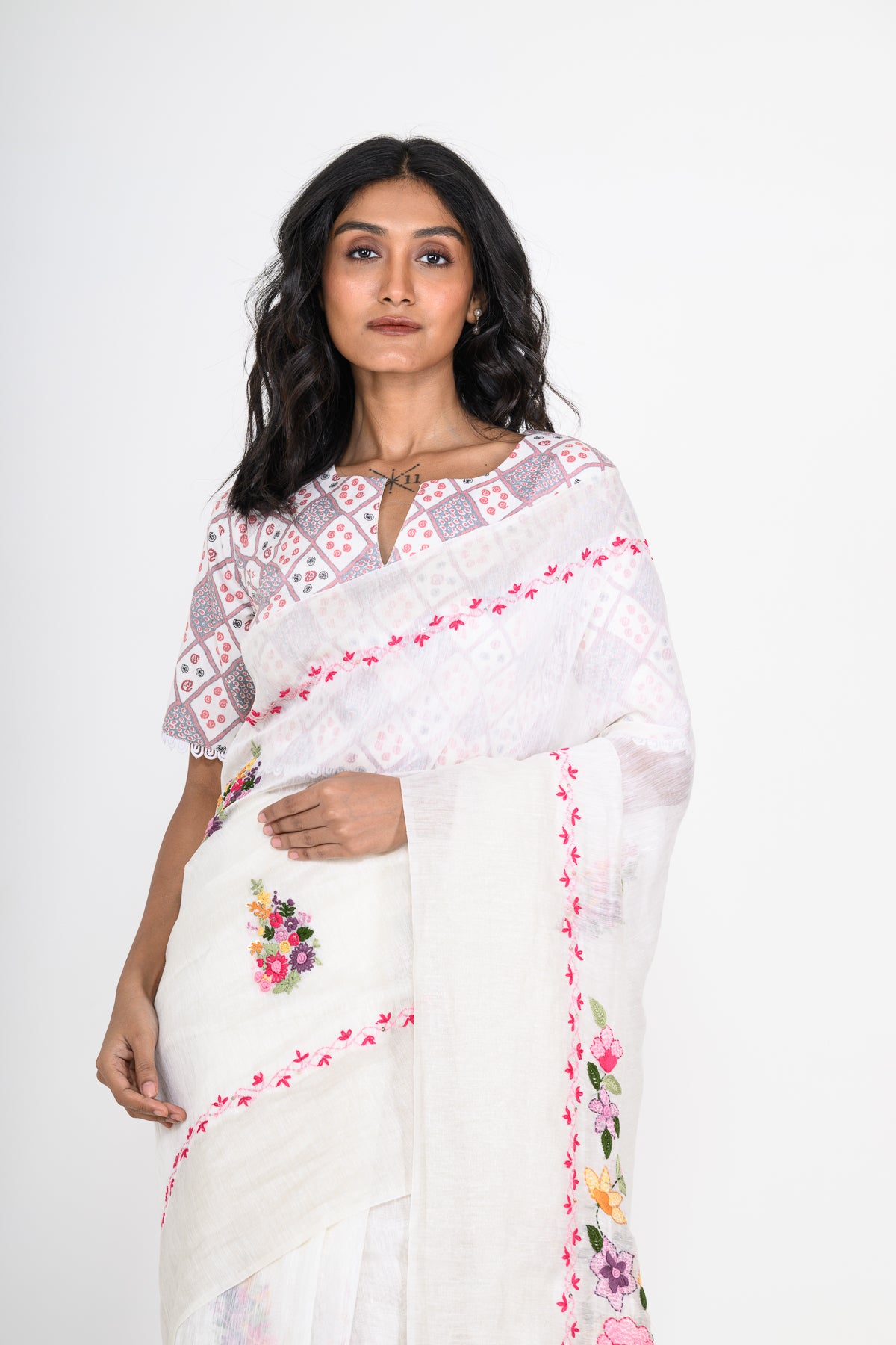 White Pure Linen Saree with Tikki & Thread Work
