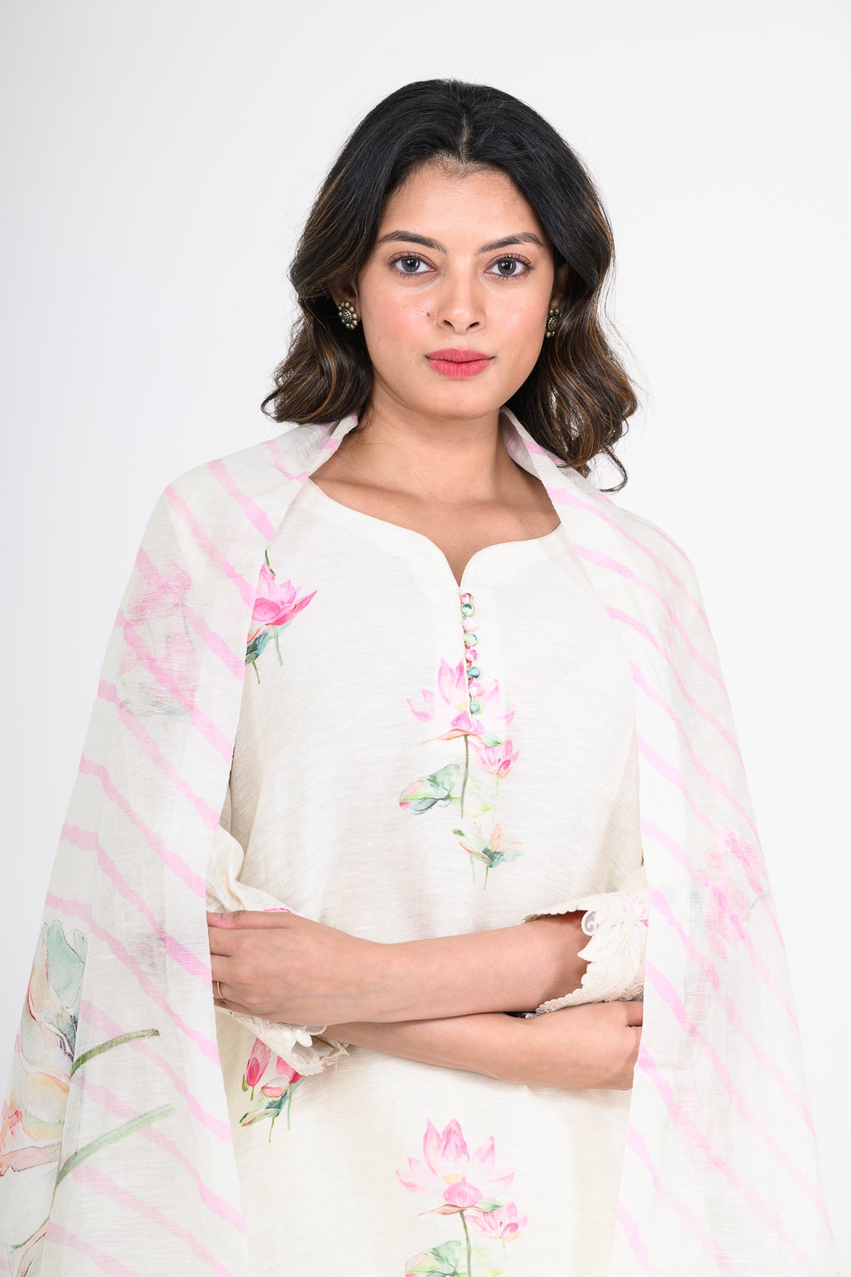 Floral Printed Pure Linen Off White Kurta Set with Dupatta