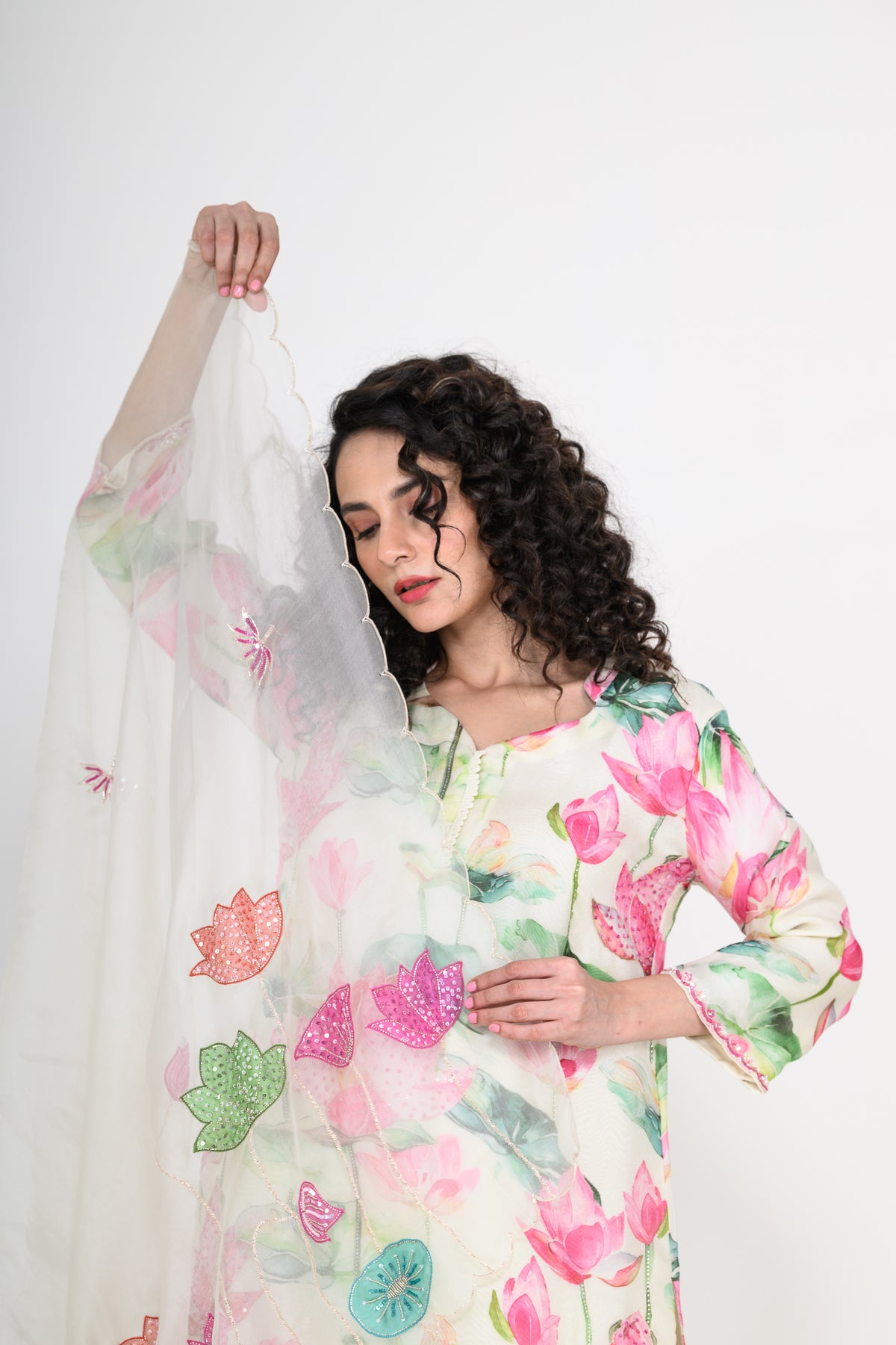 White & Pink Organza Kurta Set with Applique & Hand Embroidery