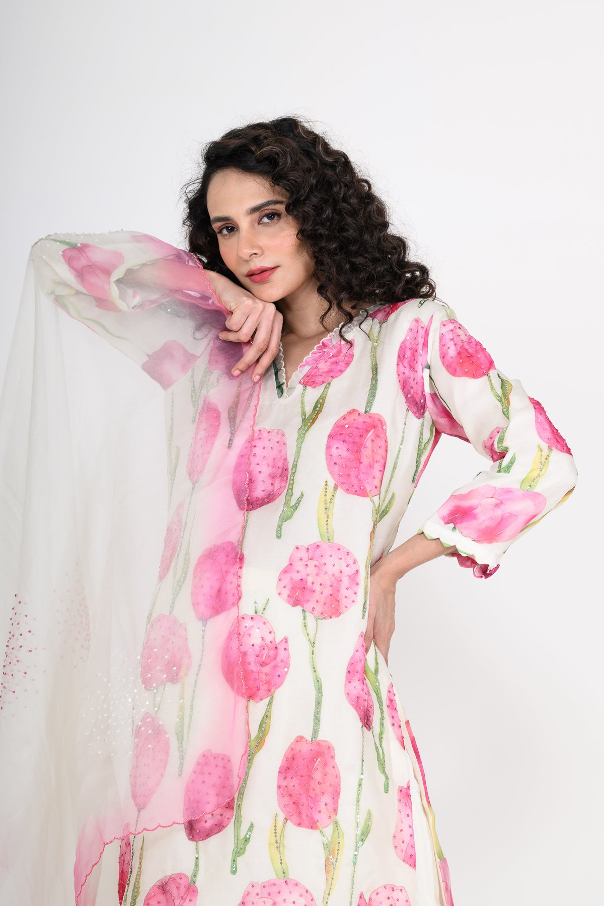 White & Pink Printed Organza Kurta Set with Hand Embroidery