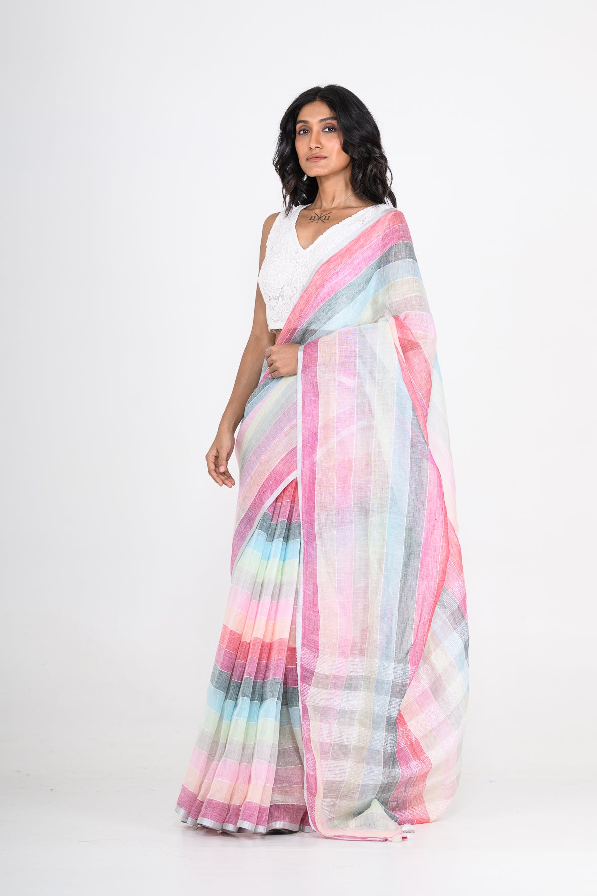 Multicolored Handwoven Striped Pure Linen Saree