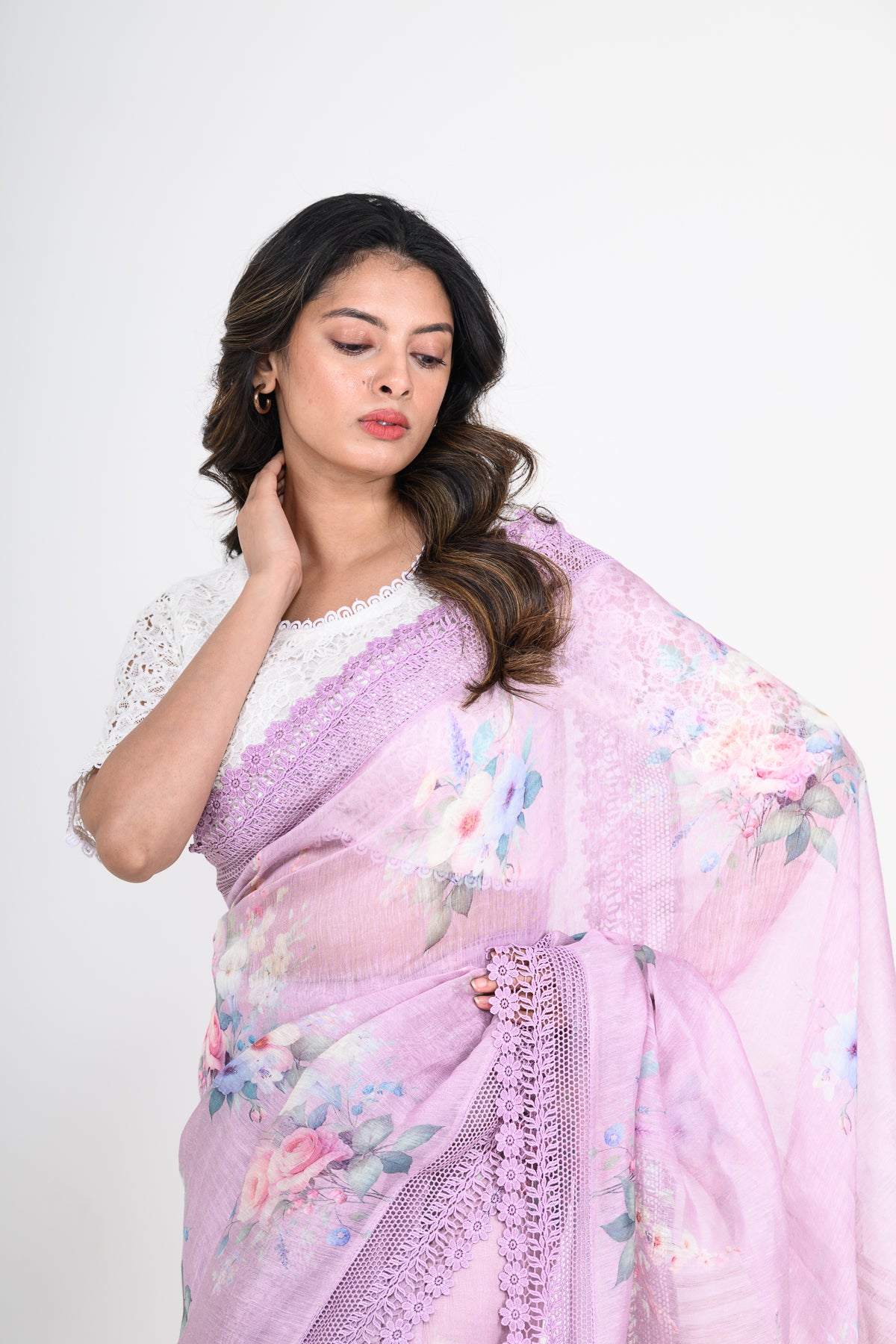Lavender Purple Floral Printed Pure Linen Saree