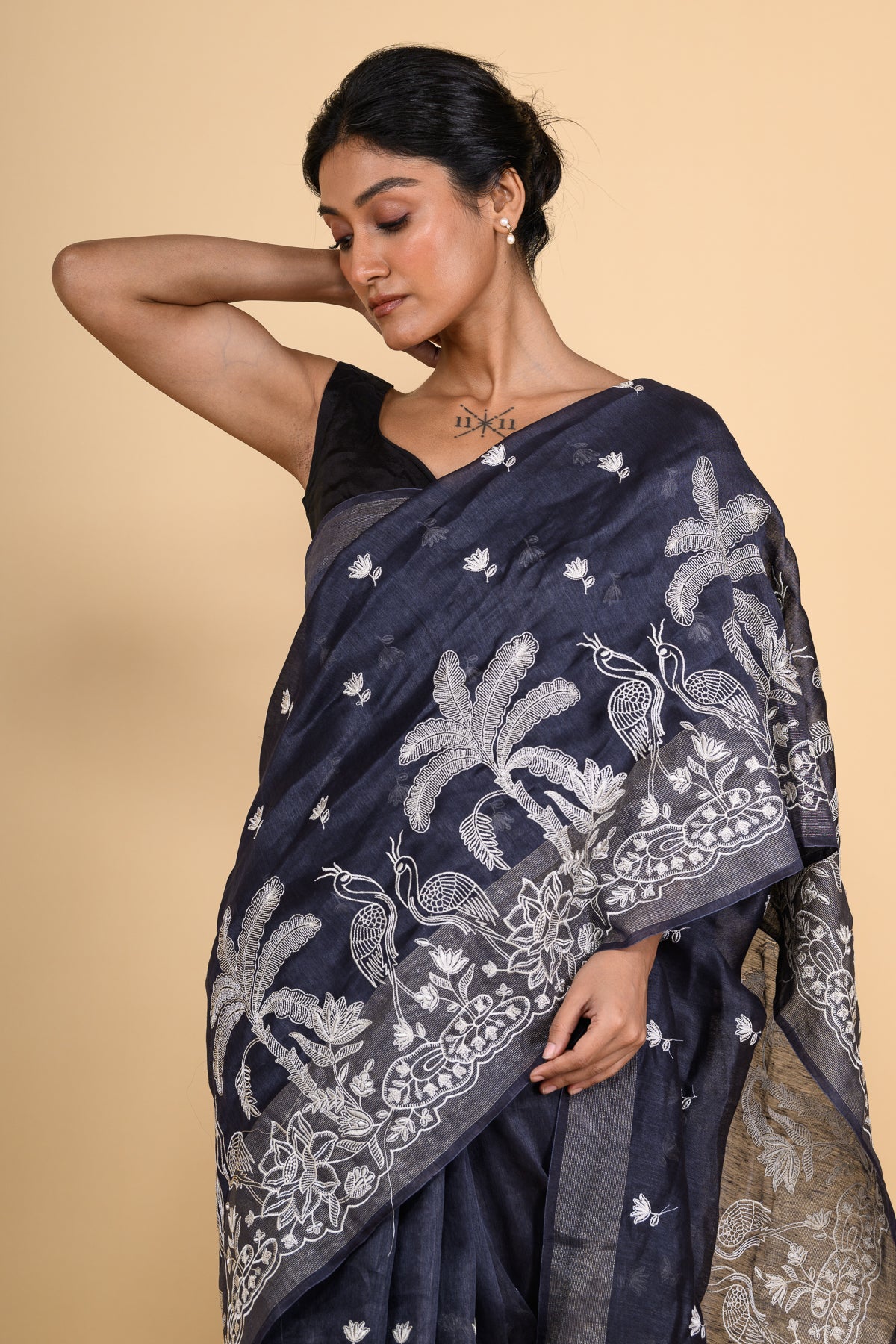 Deep Blue Hand Embroidered Pure Linen Saree