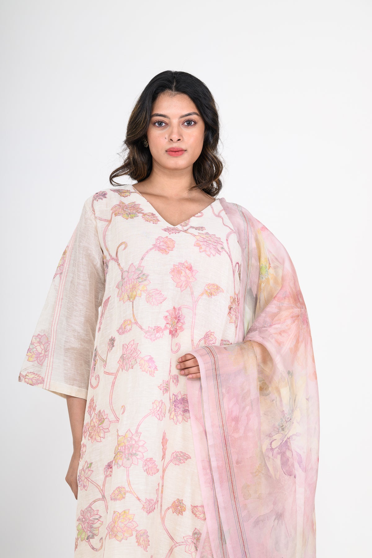 White-Purple Pure Mulmul Printed Kurta Set with Appliques