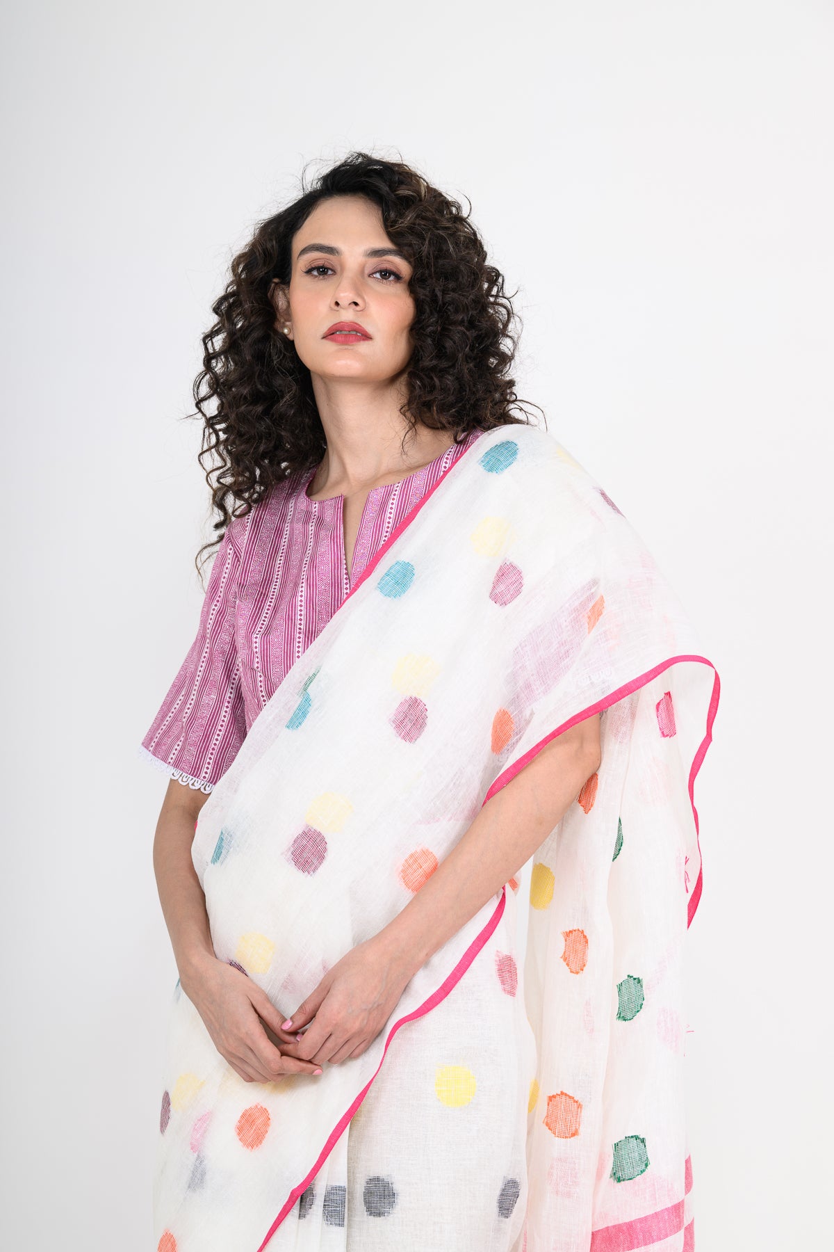 Off White Pure Linen Polka Dot Handwoven Saree