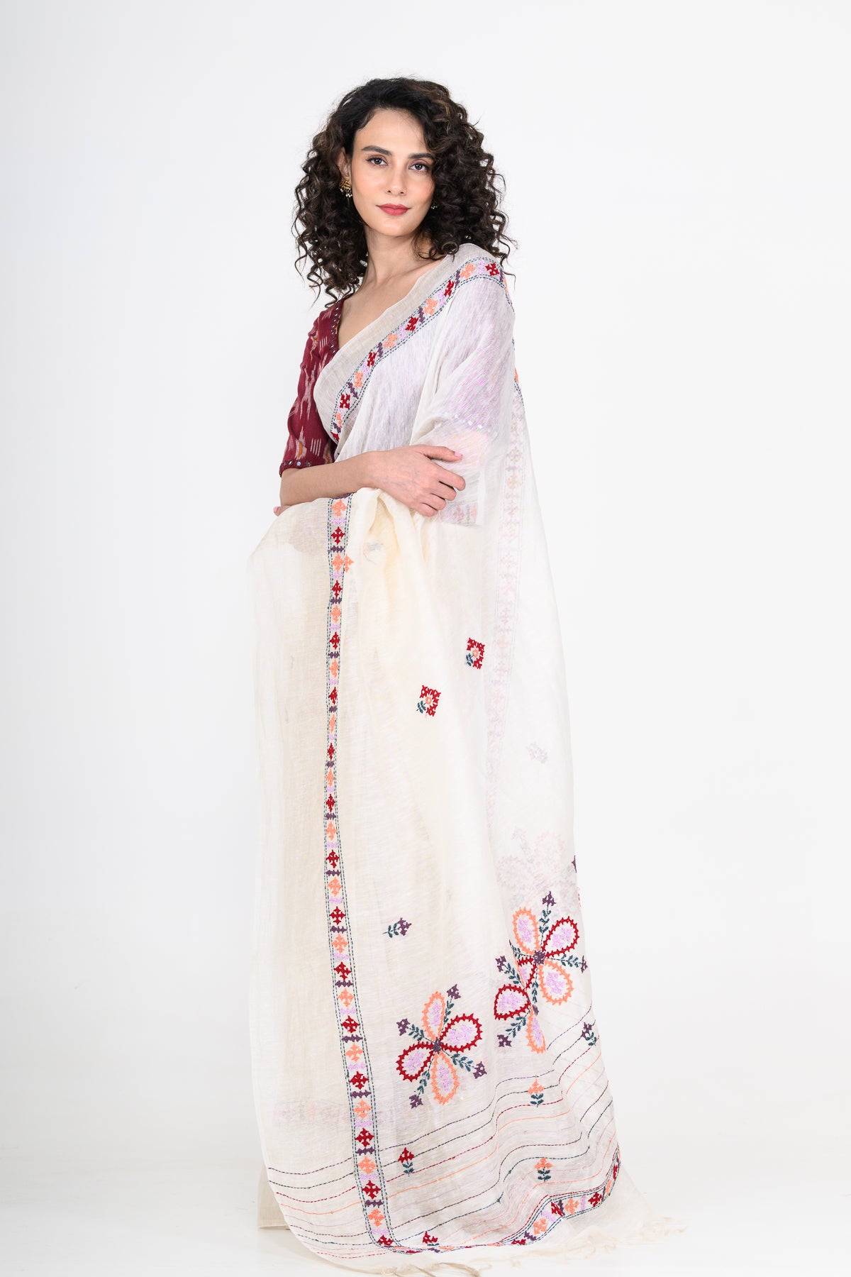 Pure Linen White Saree with Thread Work