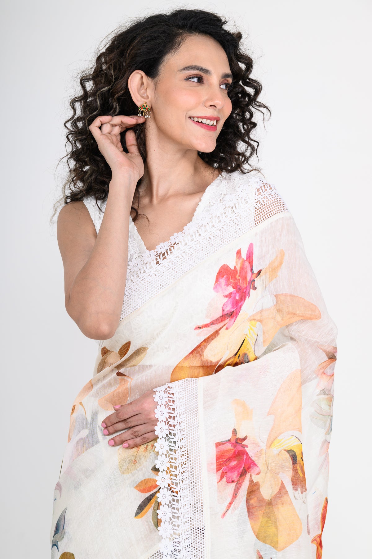 Graceful Off White Floral Printed Pure Linen Saree
