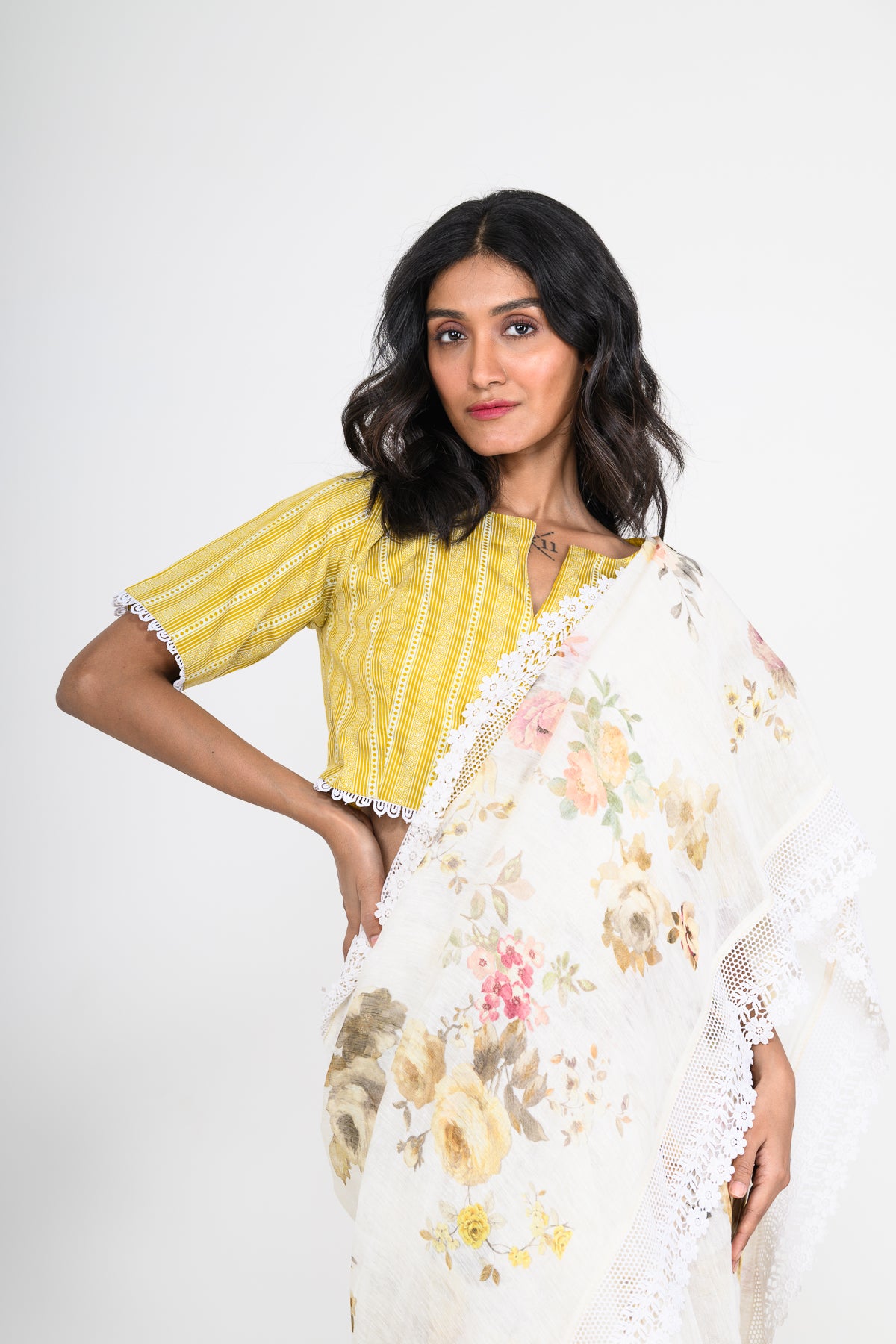 White Floral Printed Pure Linen Saree with Lace Work