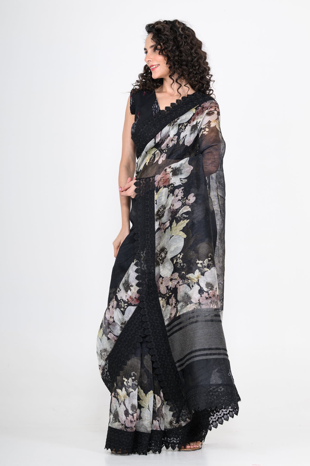 Floral Printed Pure Linen Black Saree