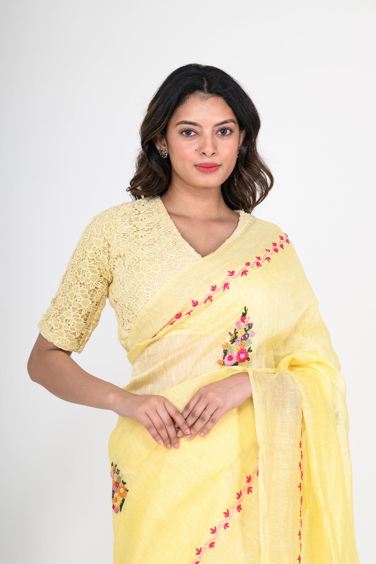 Yellow Pure Linen Saree with Tikki & Thread Work
