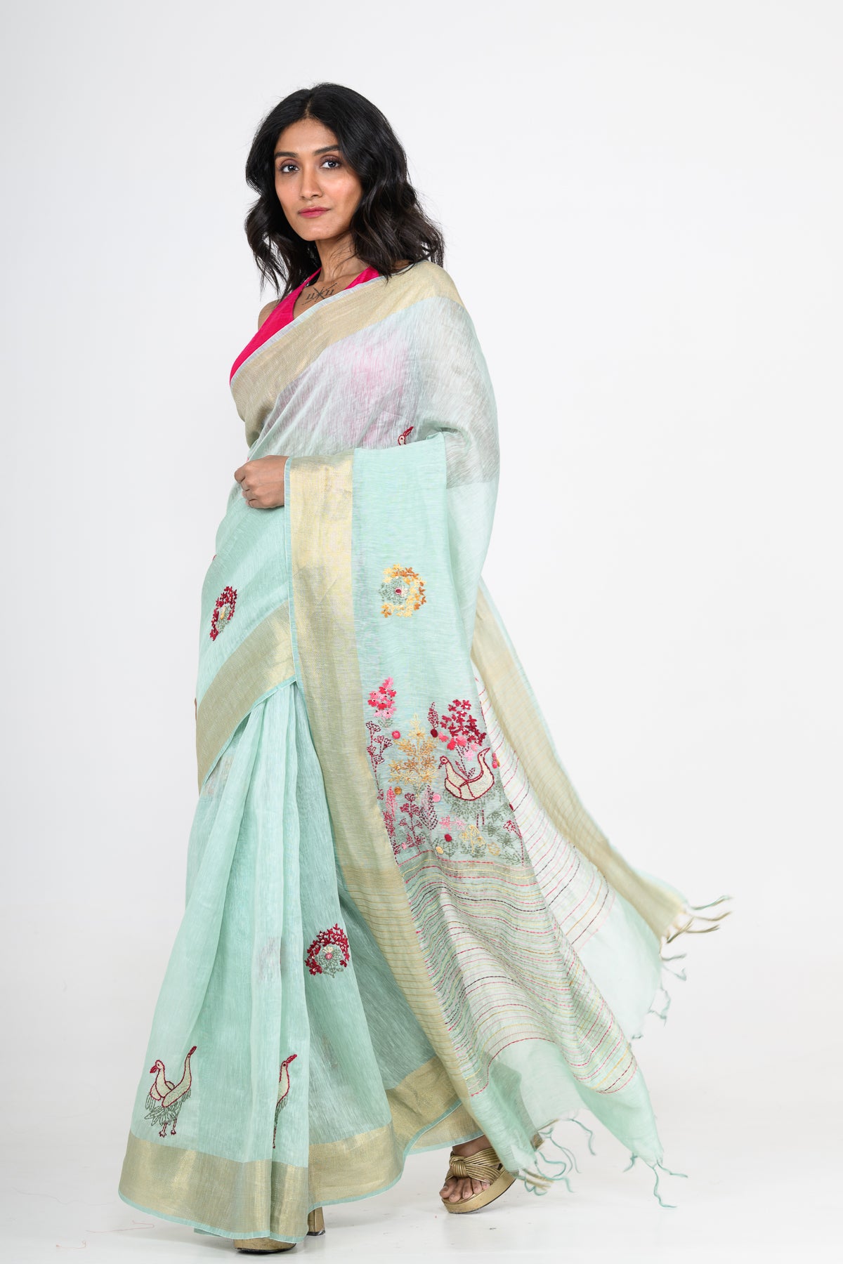 Light Green Pure Linen Saree with Tikki & Thread Work