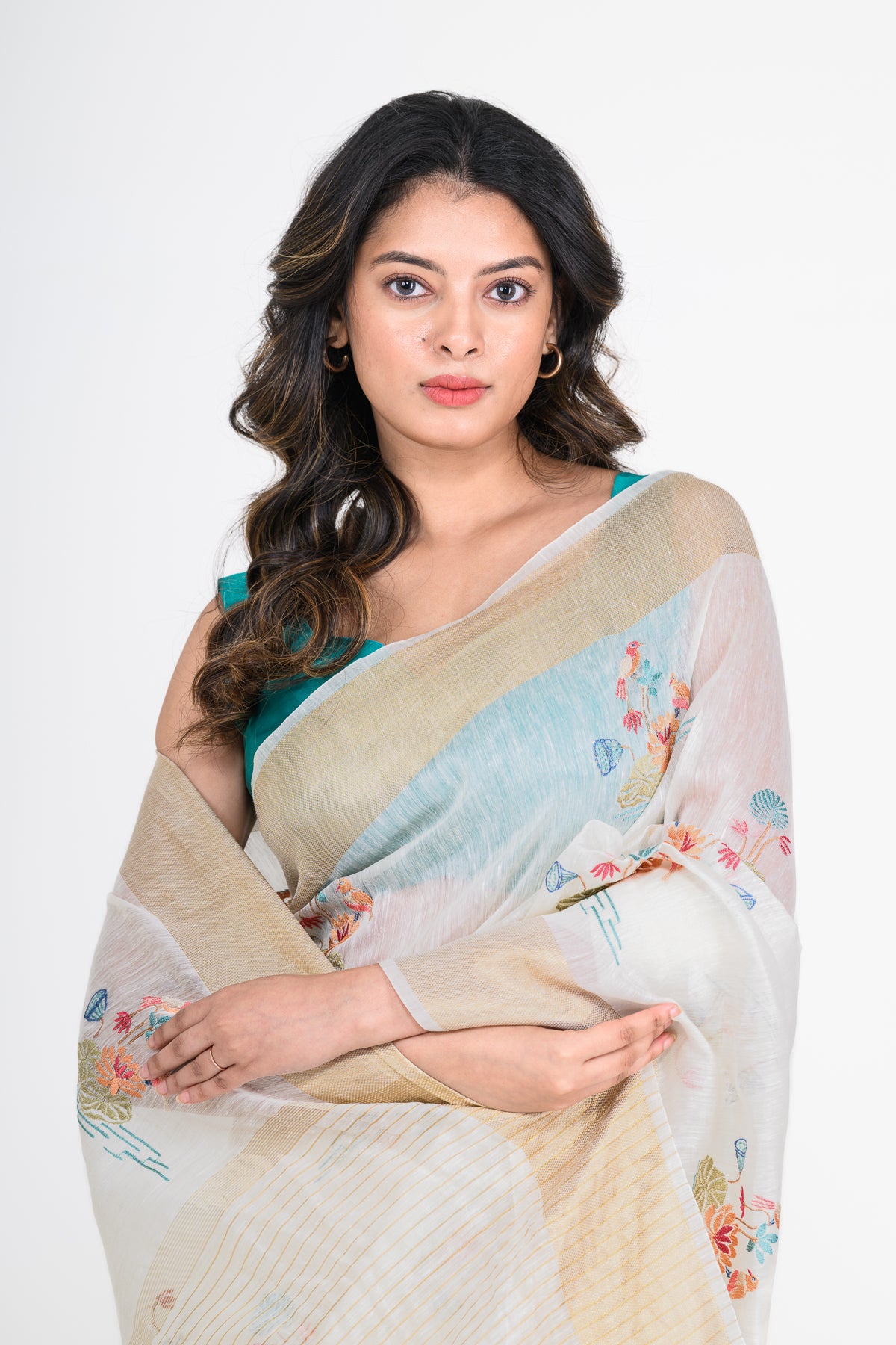 White-Gold Dual Tone Floral Printed Pure Linen Saree