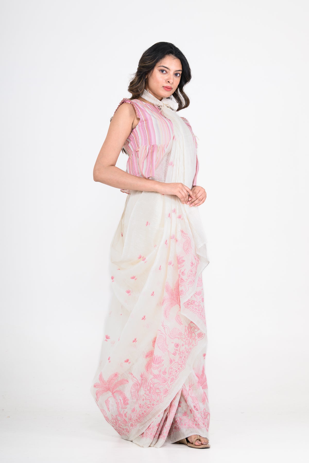 White-Pink Dual Tone Printed Pure Linen Saree