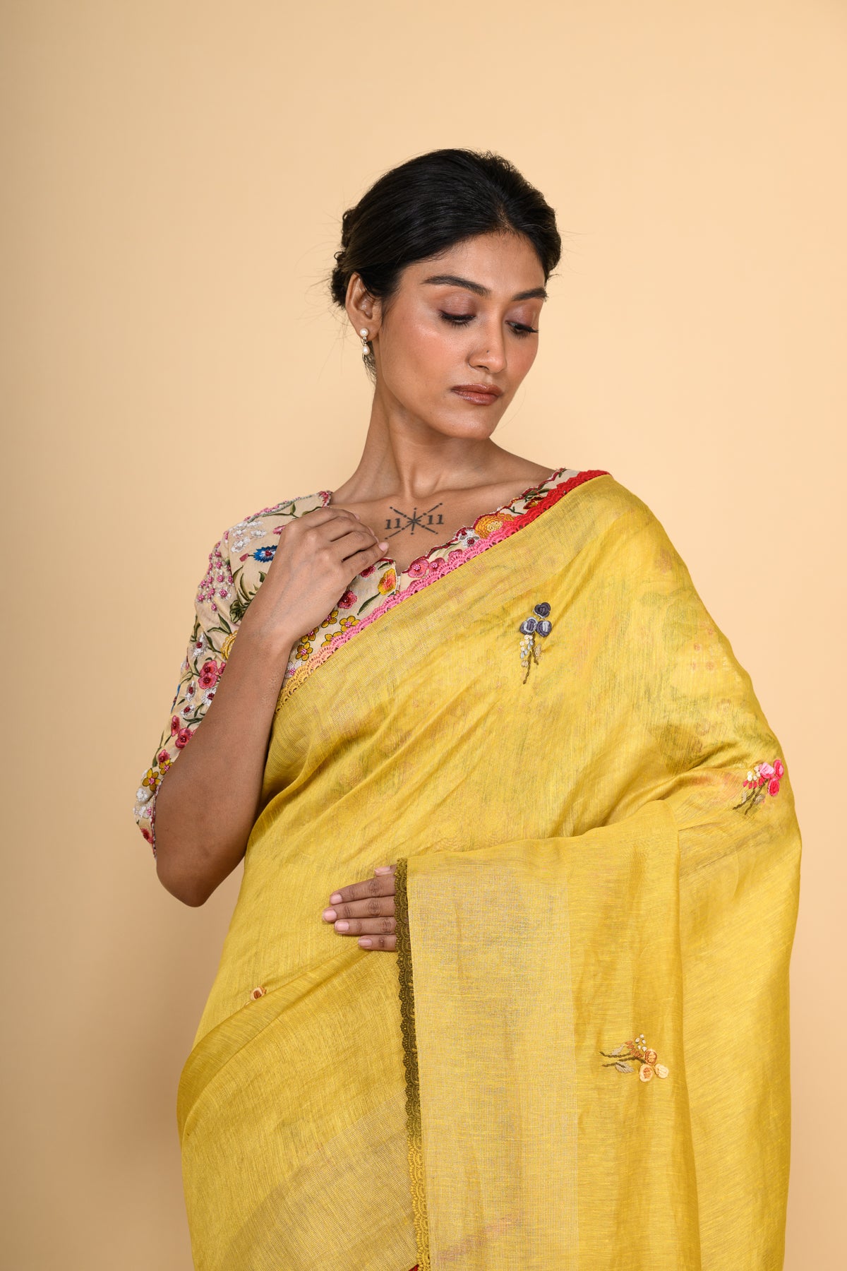 Topaz Yellow Pure Linen Saree with Thread Work