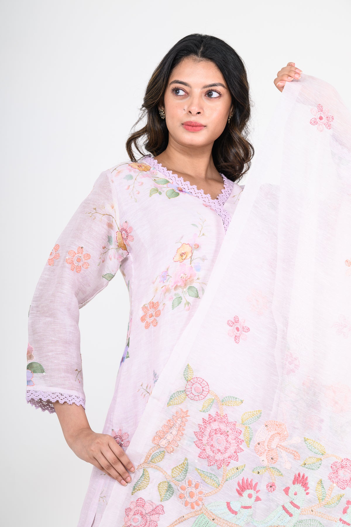 Lavender Purple Pure Linen Printed Kurta Set with Katha Work