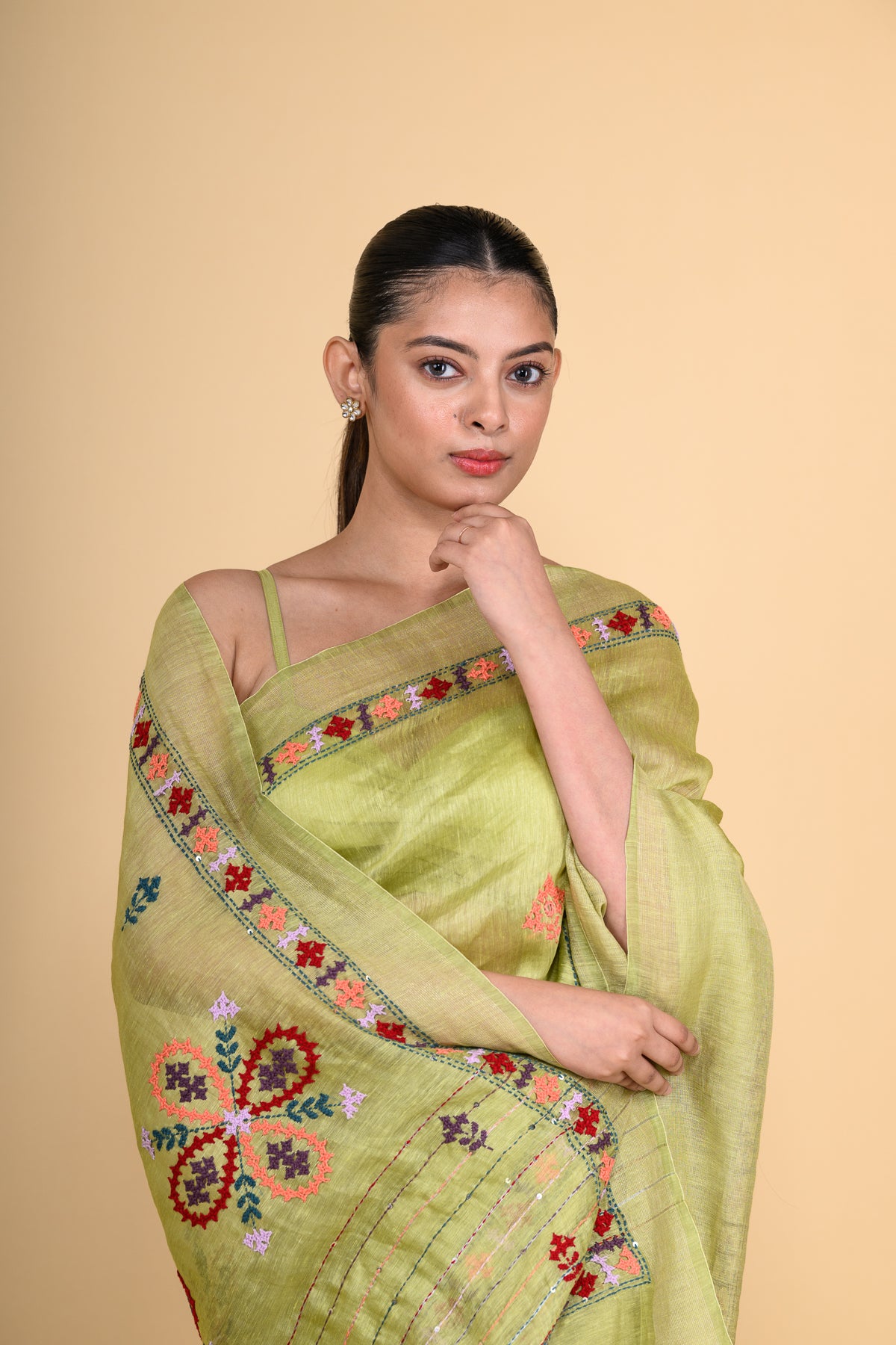 Leaf Green Pure Linen Saree with Thread Work