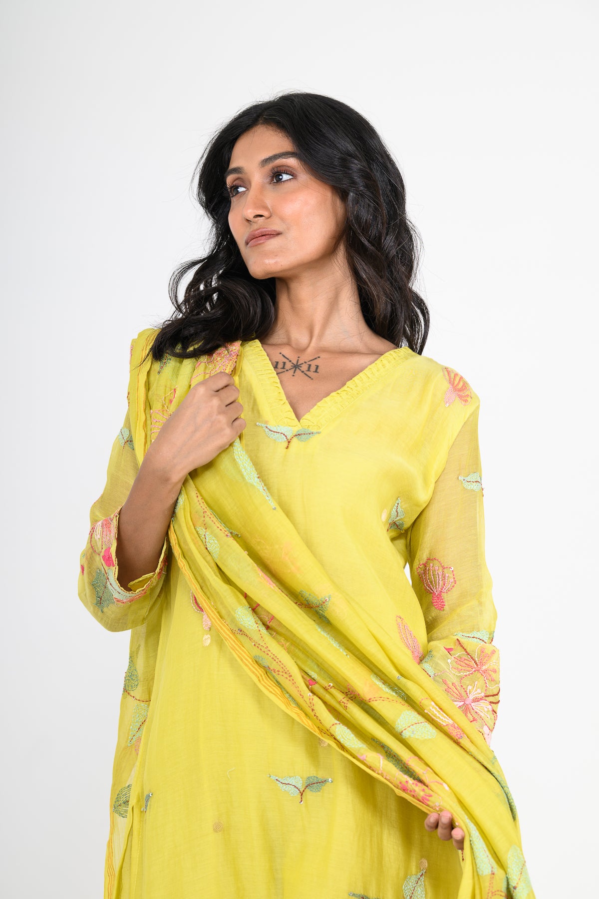 Sunshine Yellow Pure Mulmul Kurta Set & Dupatta with Katha Work