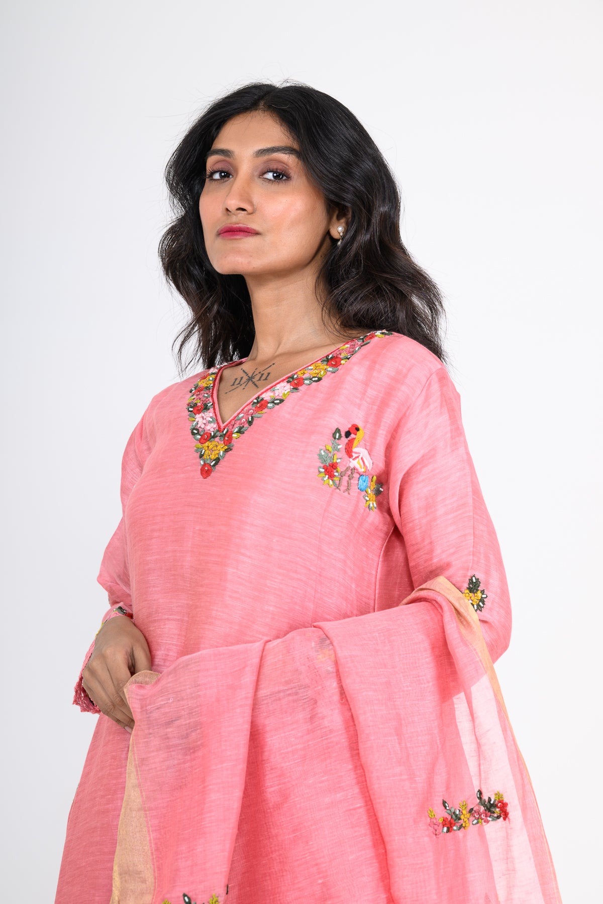 Pink Thread Embroidered Pure Linen Kurta Set & Dupatta