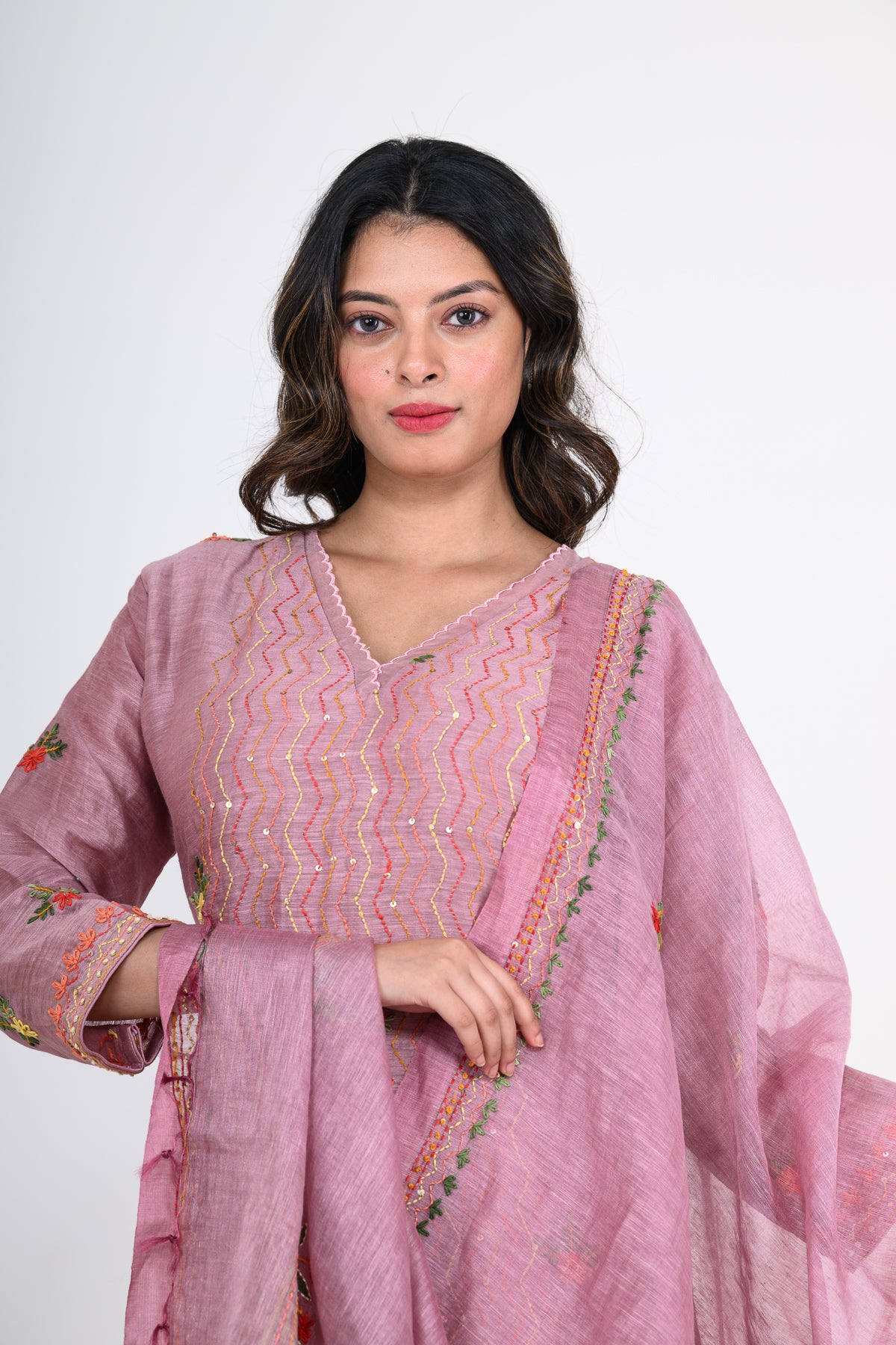 Mauve Purple Handprinted Kurta Set with Katha & Tikki Highlight