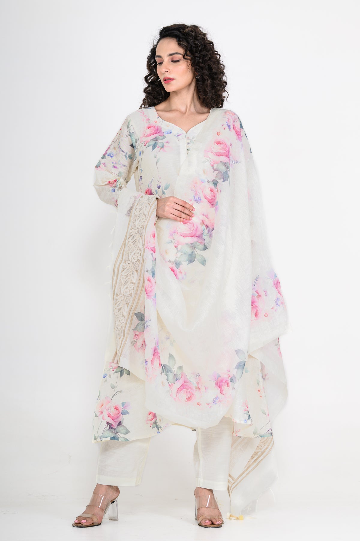 Pure Linen Off White Kurta Set with Dupatta