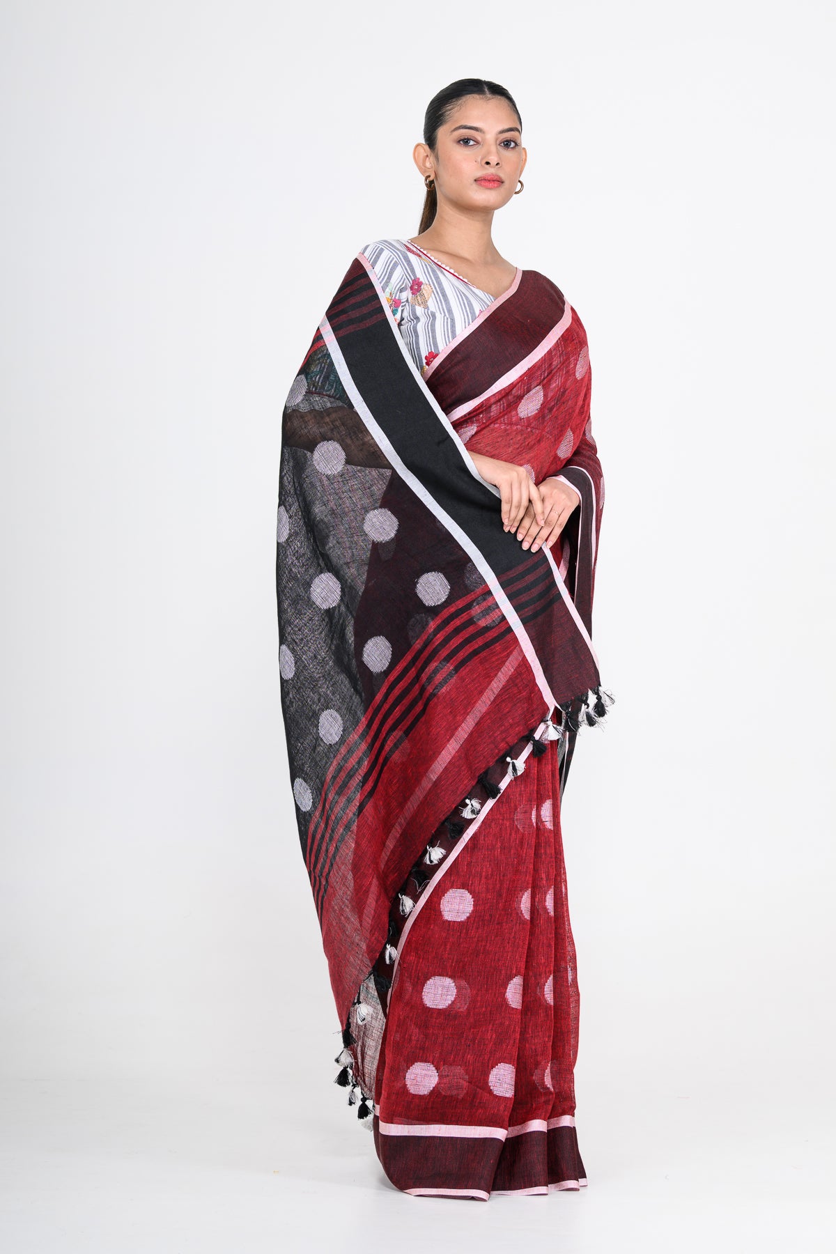 Red Pure Linen Polka Dot Handwoven Saree