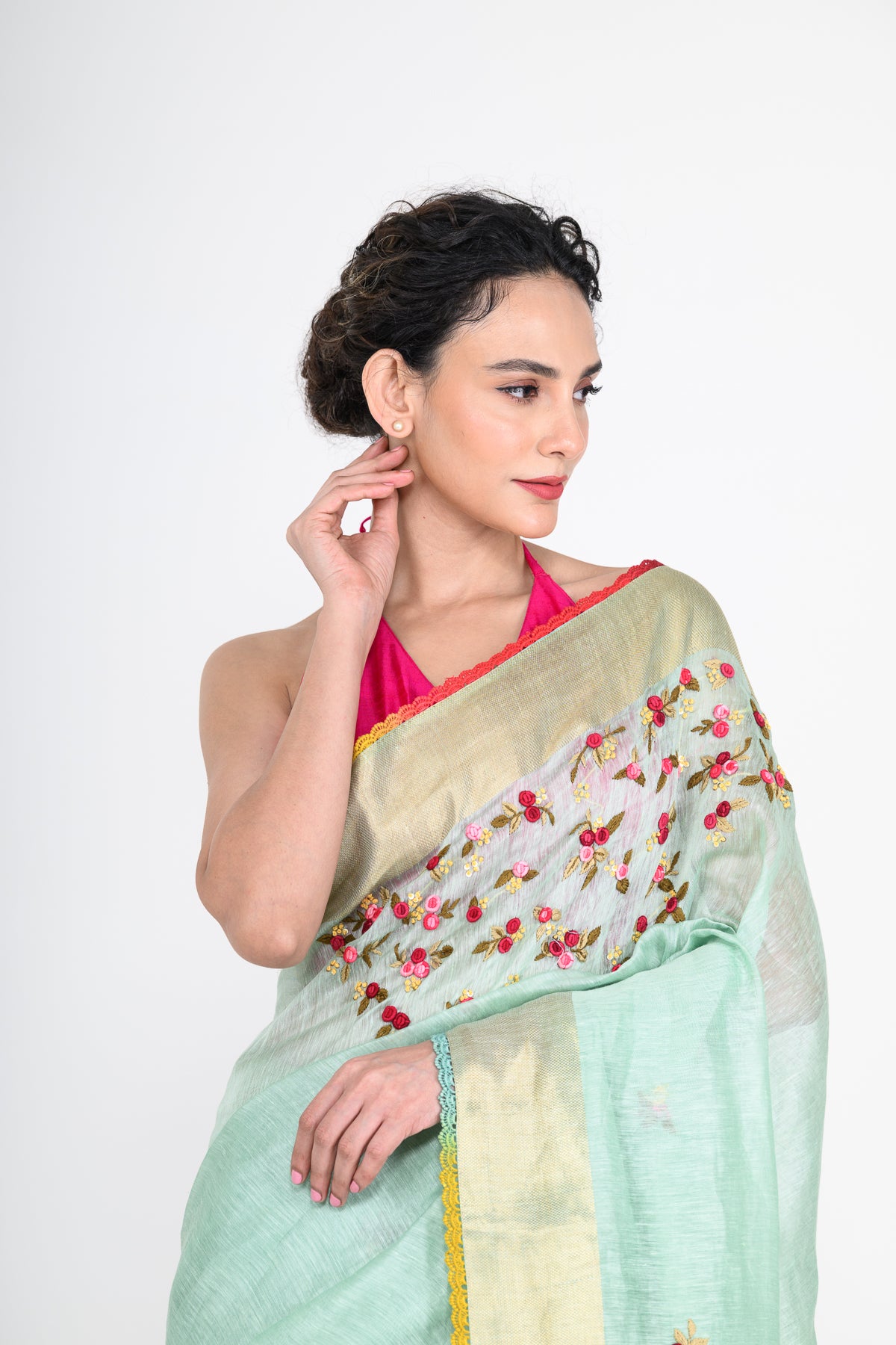 Light Green Pure Linen Saree with Thread Work