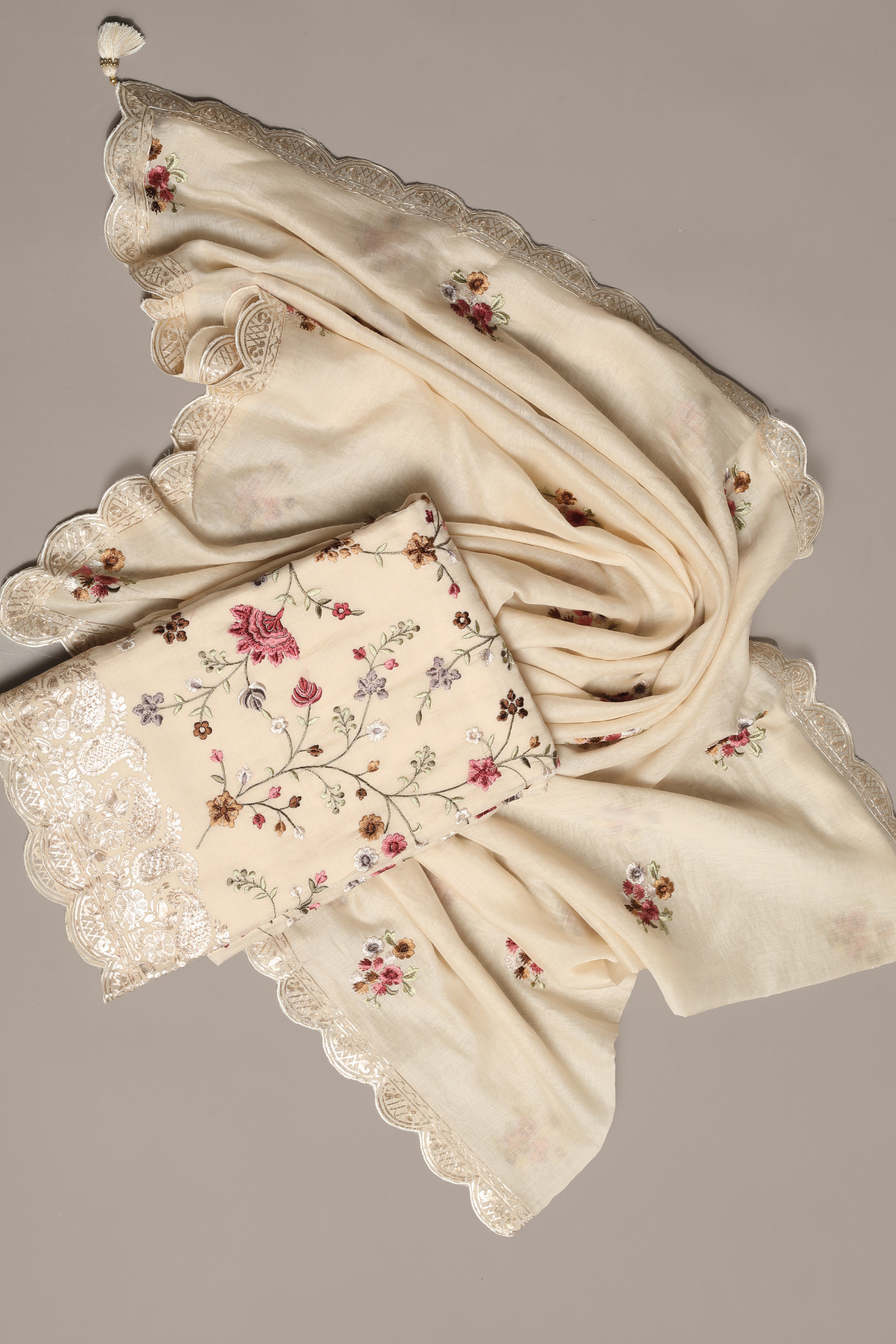 Off White Mul Parsi Embroidered Kurta Set with Pitta Work