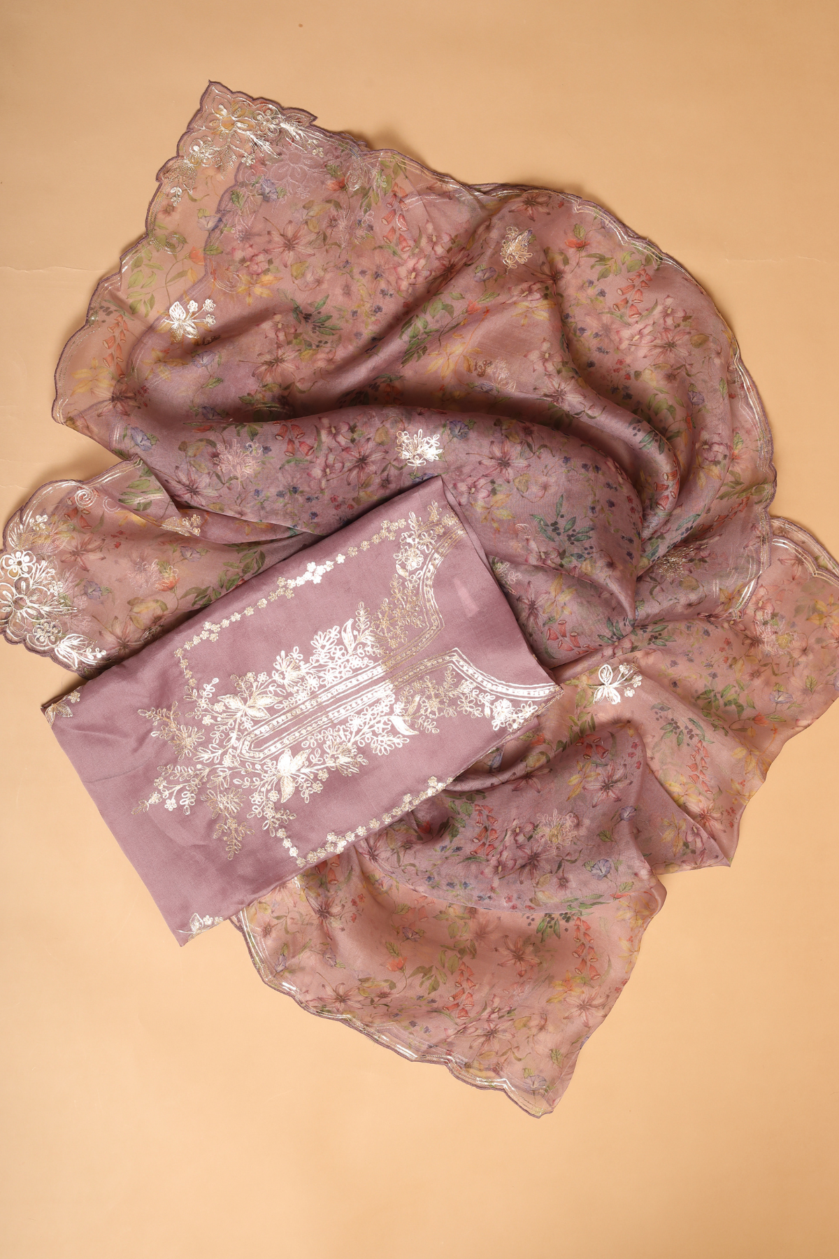 Peach Organza Kurta Set Enhanced with Intricate Zari Pitta Embroidery