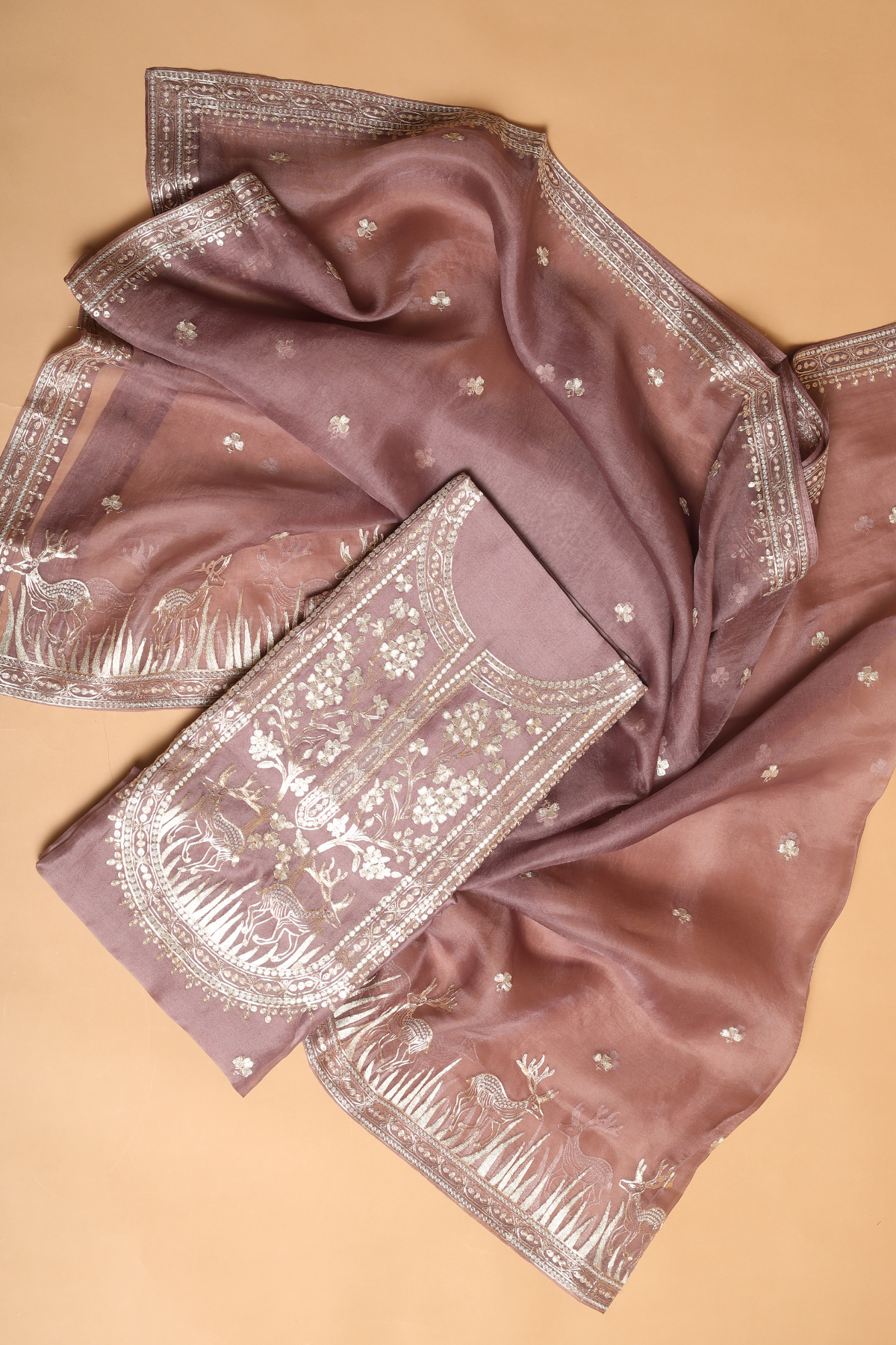 Dusty Pink Organza Kurta Set with Animal Motif & Zari Pitta Embroidery