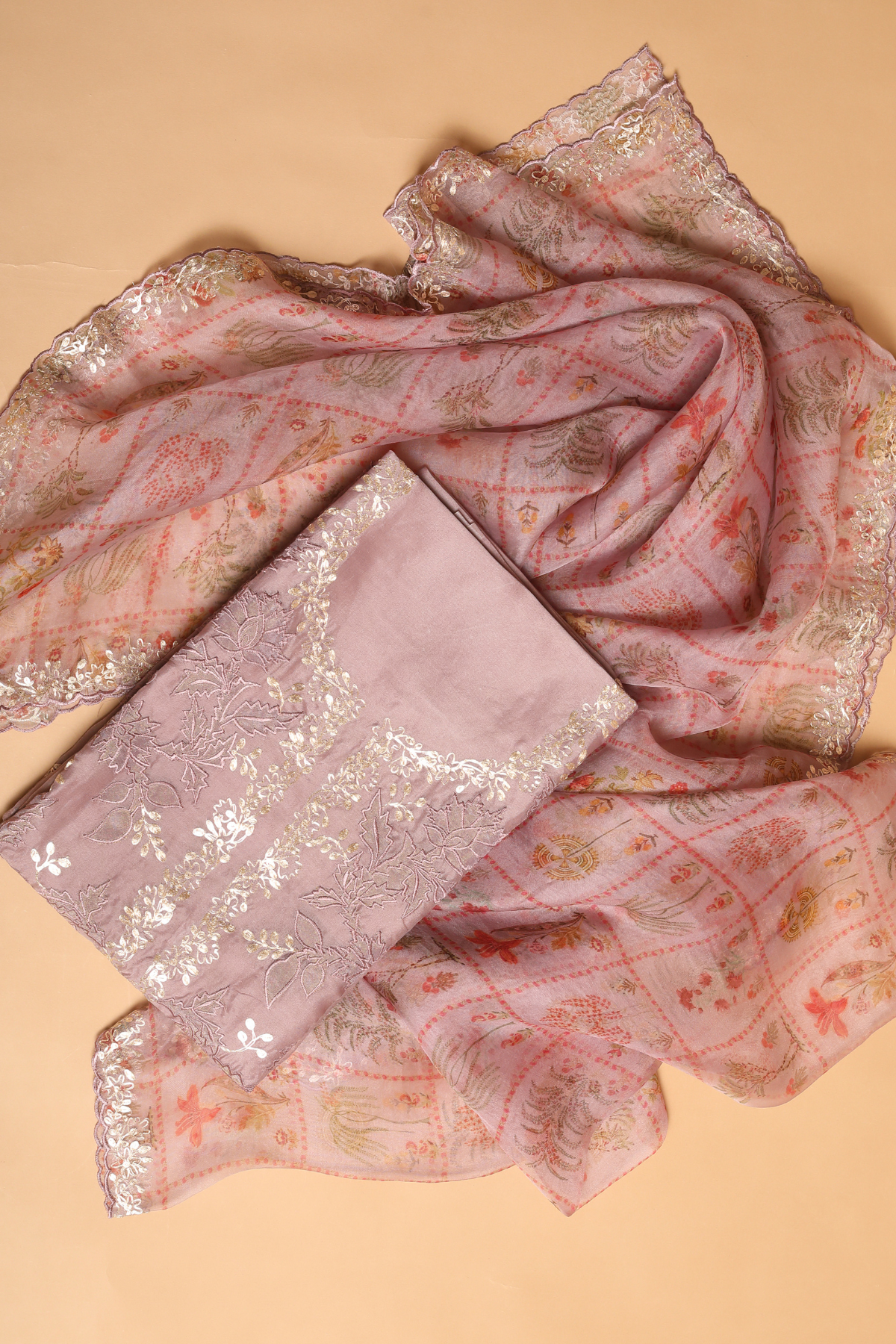 Lavender Purple Organza Kurta Set with Applique & Zari Pitta Work