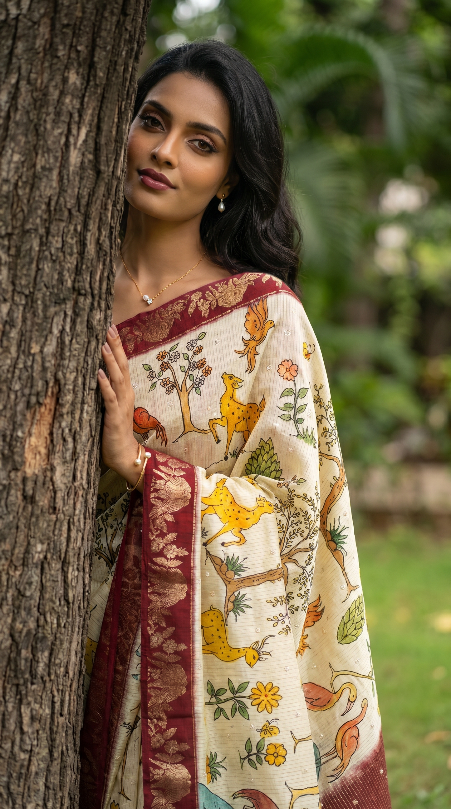 Cream Coloured Tussar Silk Saree