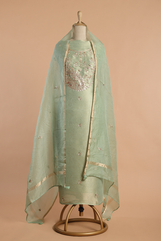 Pista Green Gold Tissue Kurta Set Embellished with Designer Motifs & Embroidery