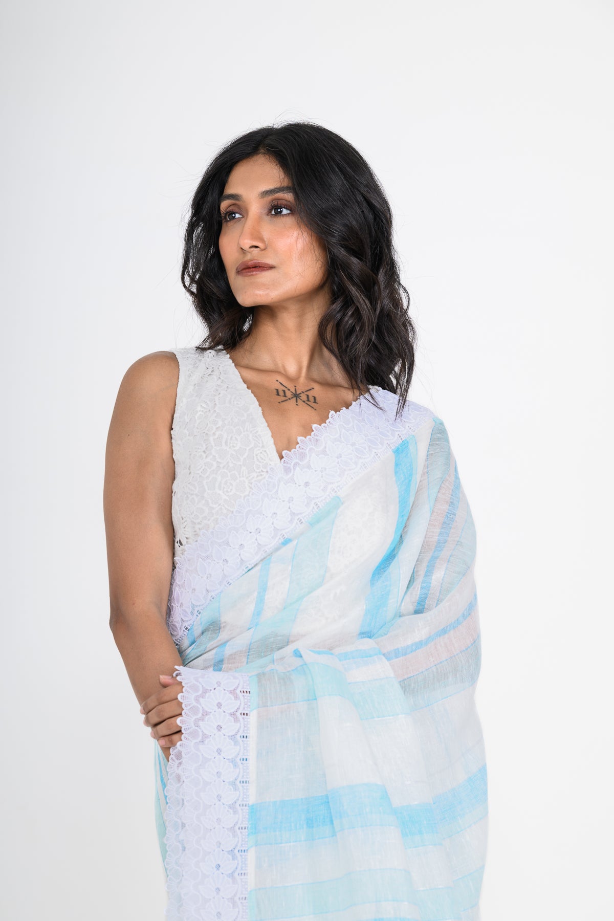 Printed Light Blue Pure Linen Saree