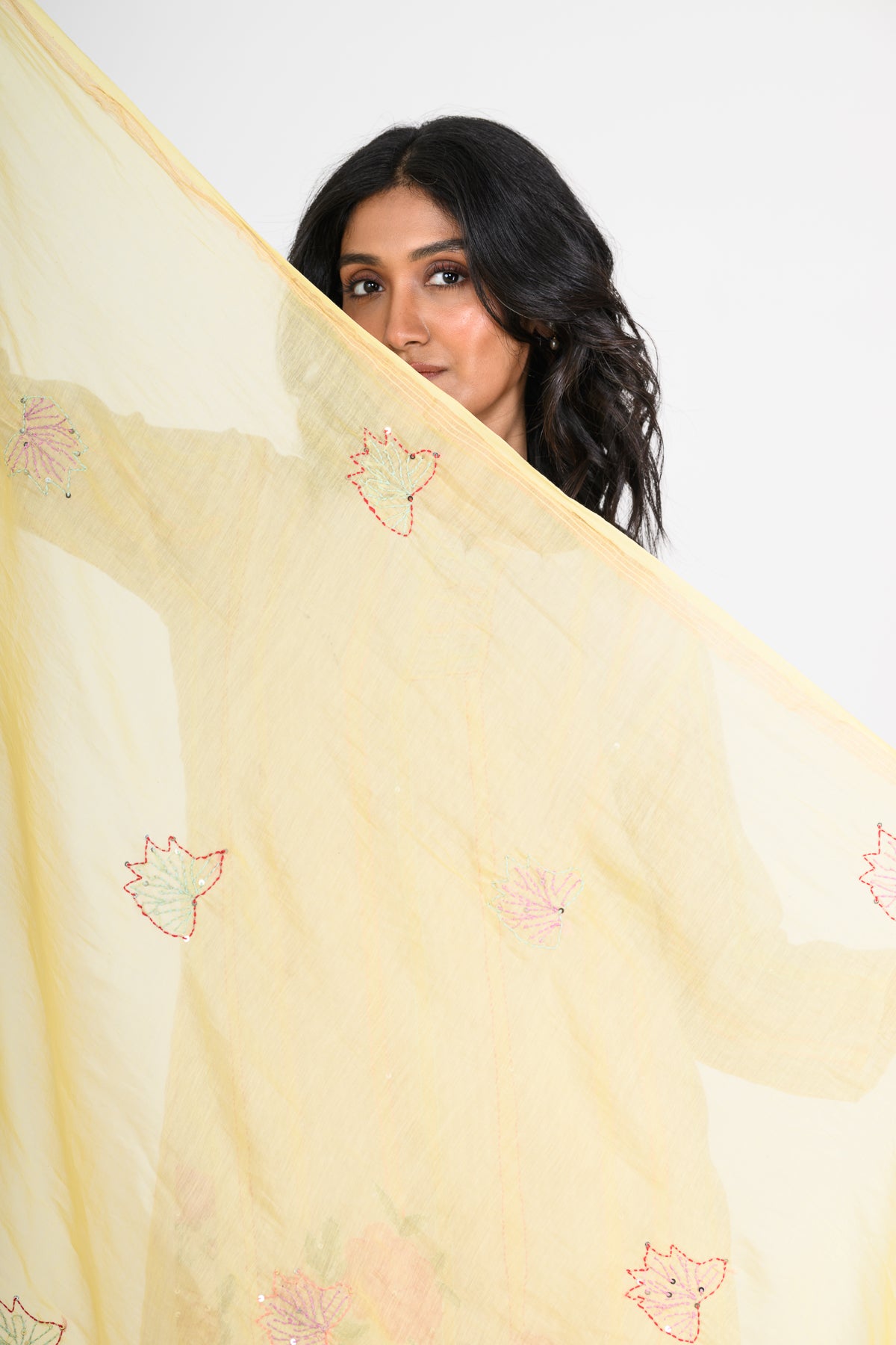 Yellow Printed Pure Mulmul Kurta Set & Dupatta with Katha Embroidery
