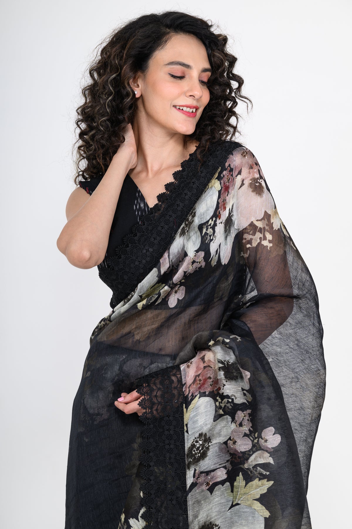 Floral Printed Pure Linen Black Saree