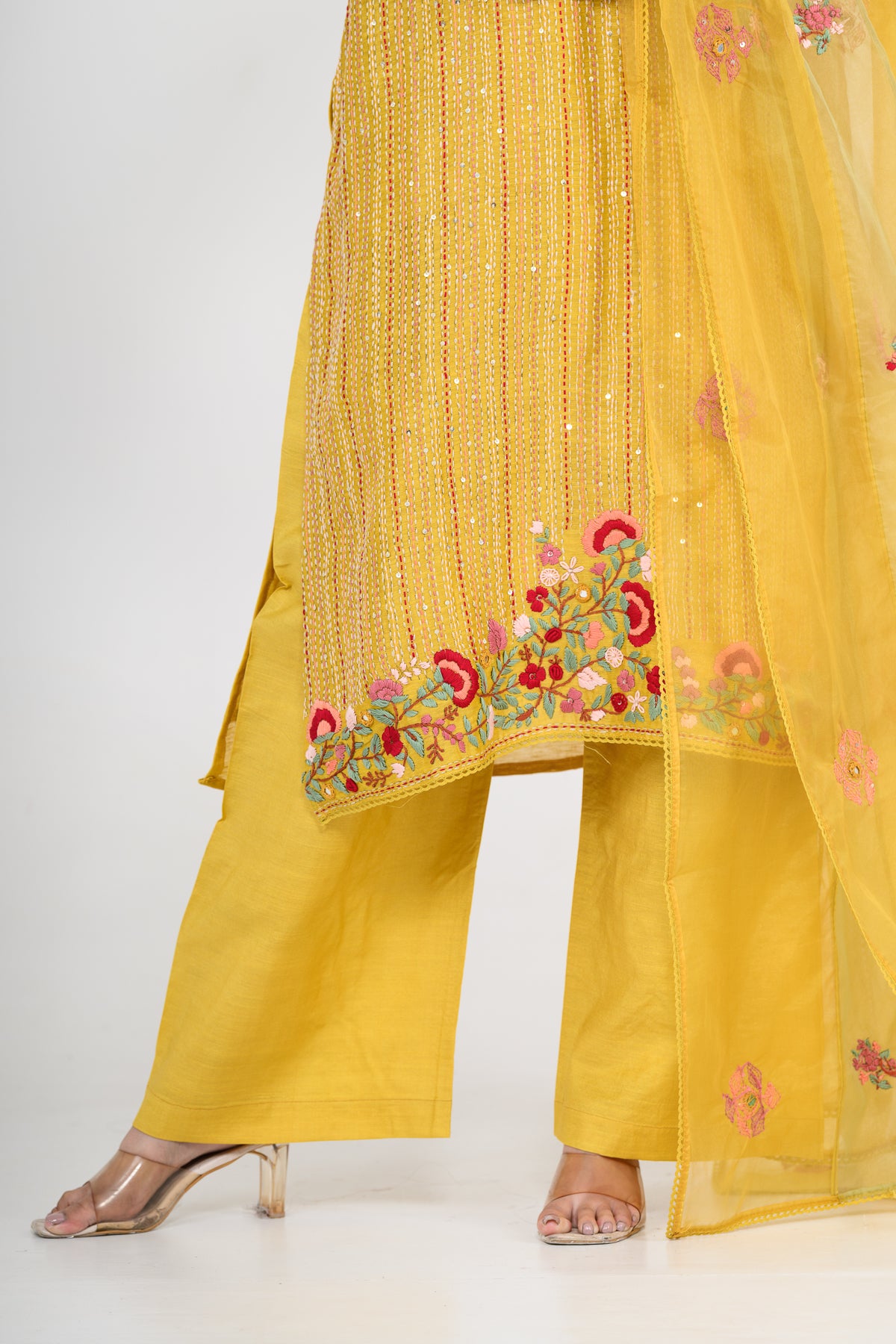 Pure Linen Mustard Yellow Kurta Set & Dupatta with Katha Work