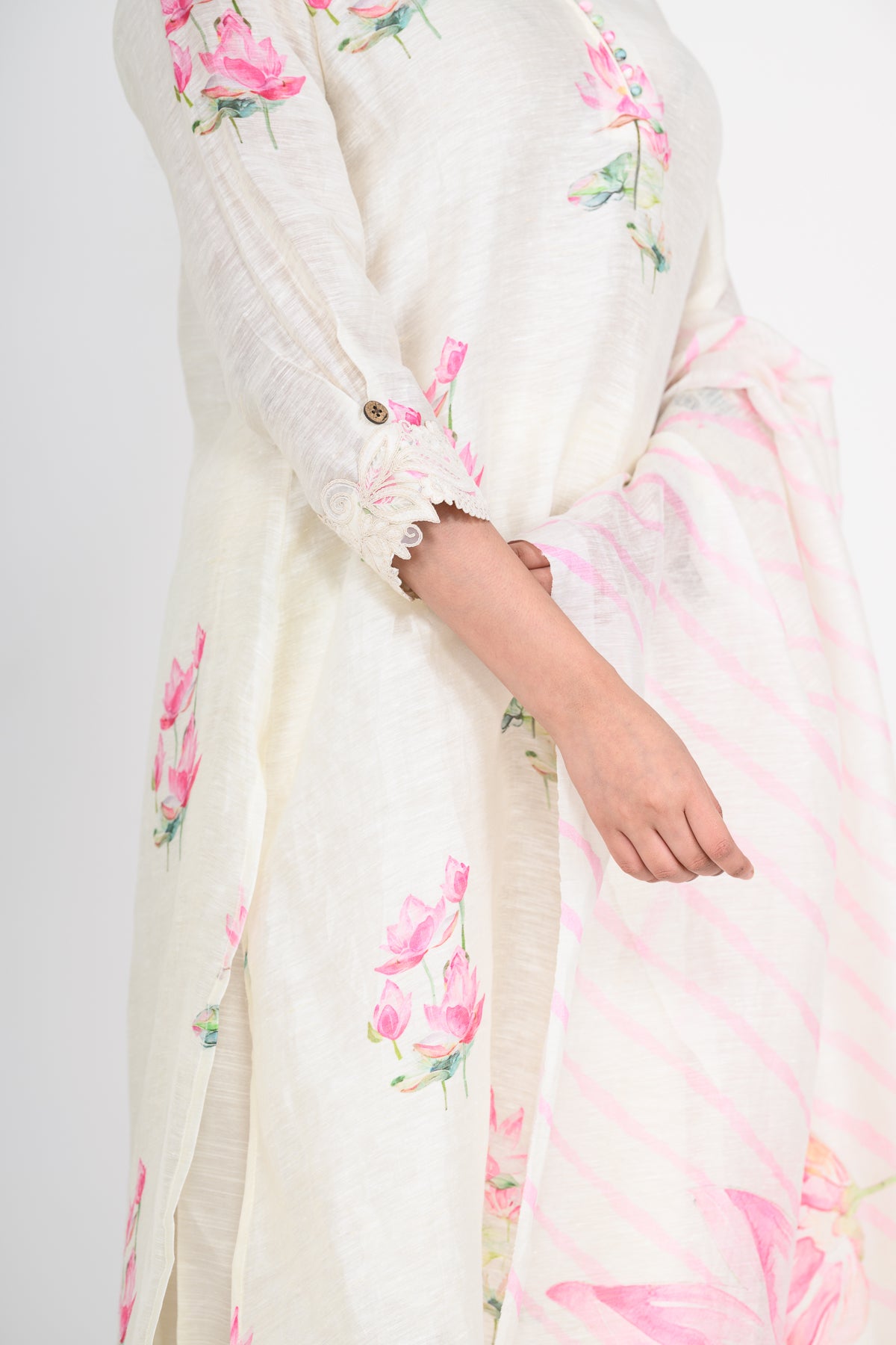 Floral Printed Pure Linen Off White Kurta Set with Dupatta