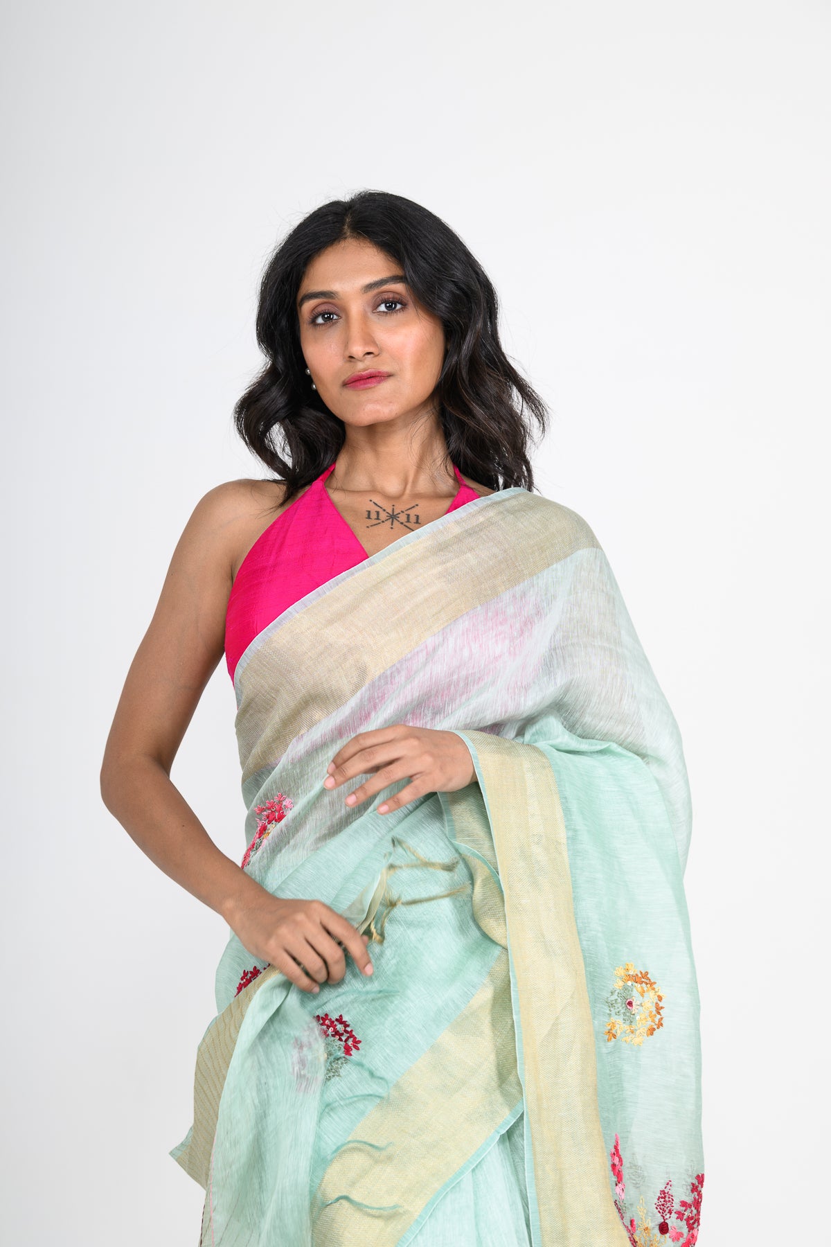 Light Green Pure Linen Saree with Tikki & Thread Work