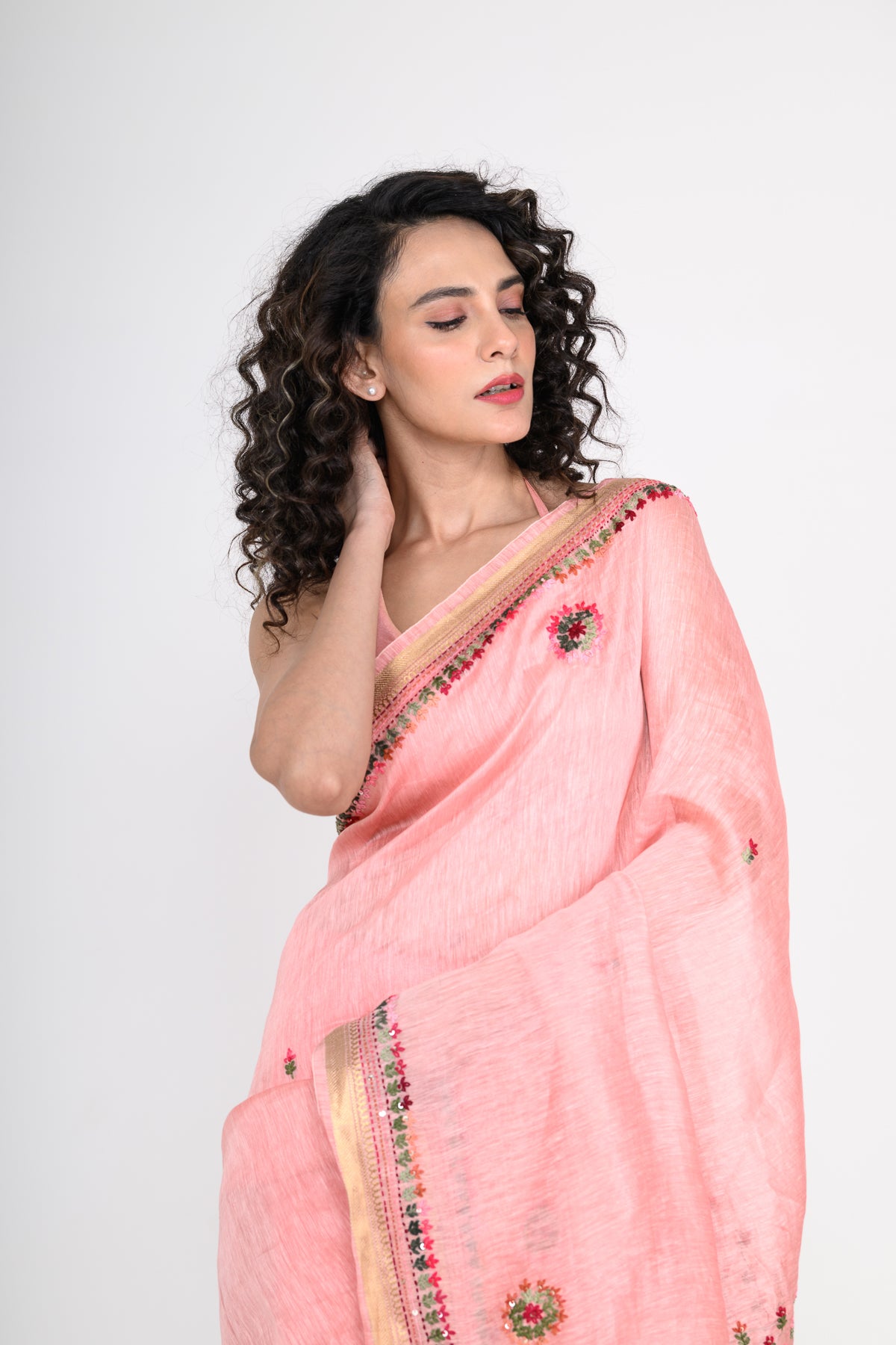 Dusty Pink Pure Linen Saree with Katha & Tikki Work