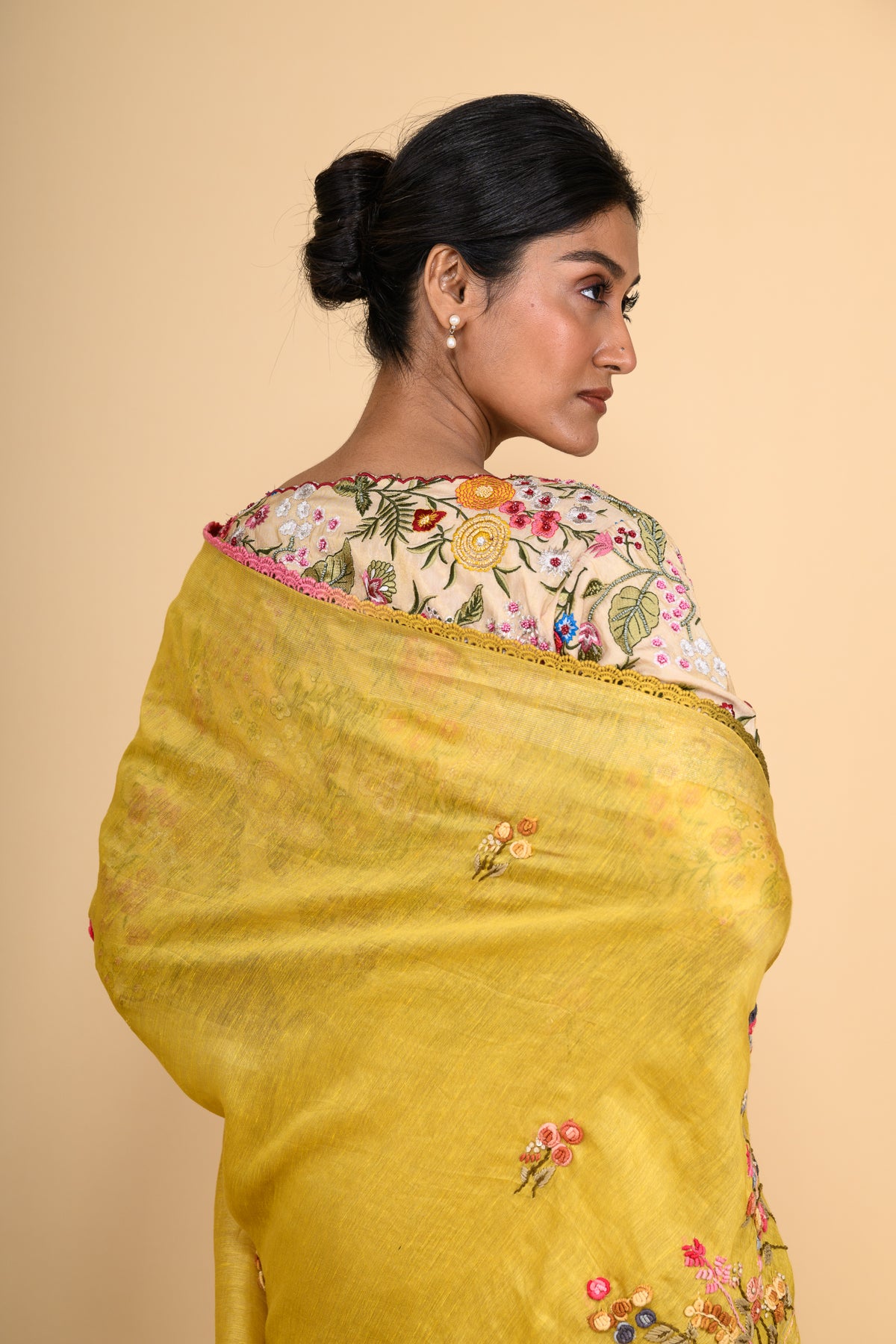 Topaz Yellow Pure Linen Saree with Thread Work