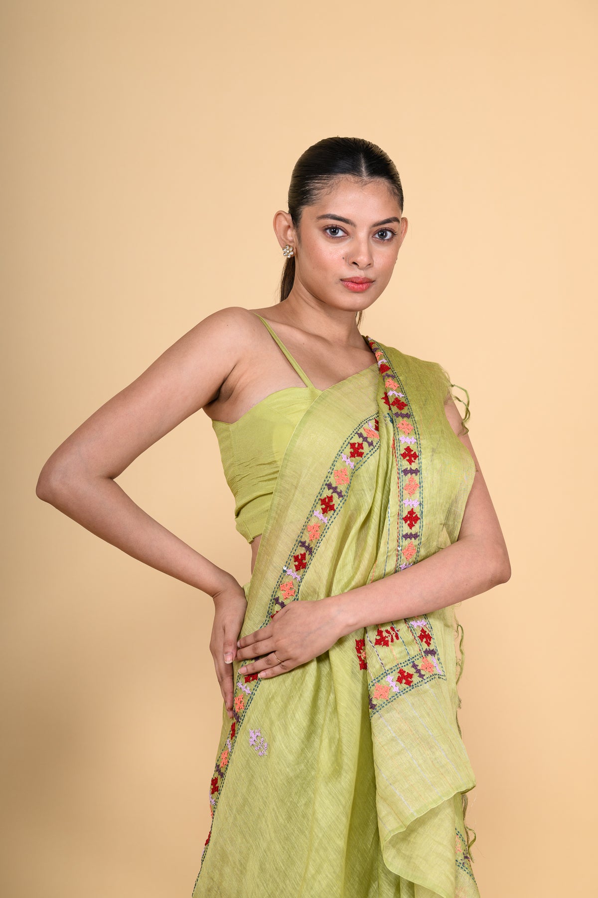 Leaf Green Pure Linen Saree with Thread Work